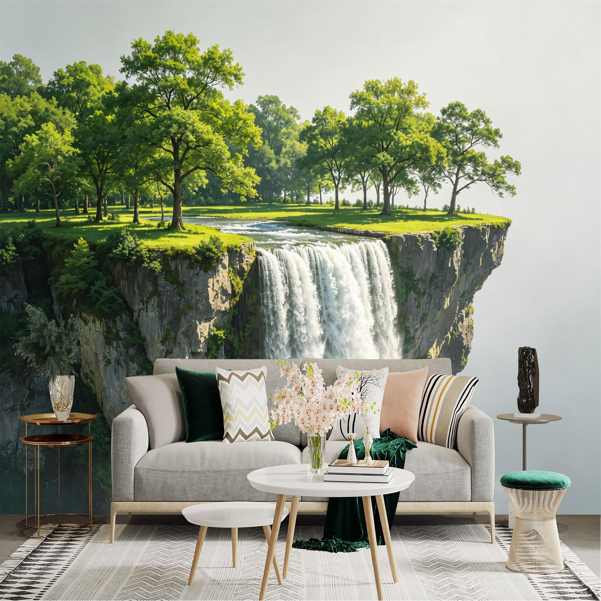 Lnzczhyre Dbh260521574 Custom Size Wall Sticker Mural， Majestic Waterfall Cliff， Green Forest Landscape， Misty Scenic View， Serene Nature Scenery， For Wall Decoration， Peelandstick Wall Decals.