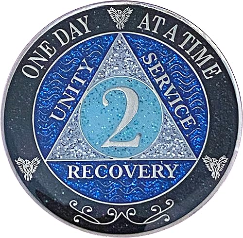 Miniatura 25 de (años 1-50) Medallón de purpurina plateado de recuperación AA de 47 años, arcoíris negro, azul, moneda de purpurina plateada, cubierta de epoxi