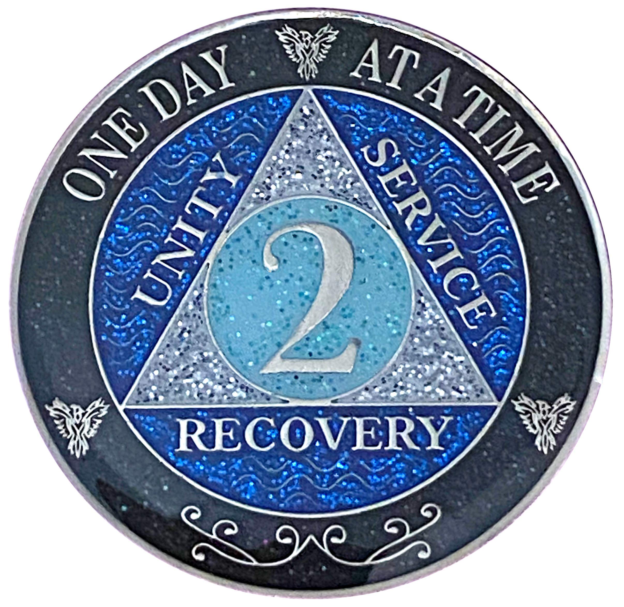 (Years 1-50) 2 Year AA Recovery Silver Color Plated Glitter Medallion, Black Rainbow, Blue, Silver Glitter Coin, Epoxy Covered (AA 2 Year Glitter