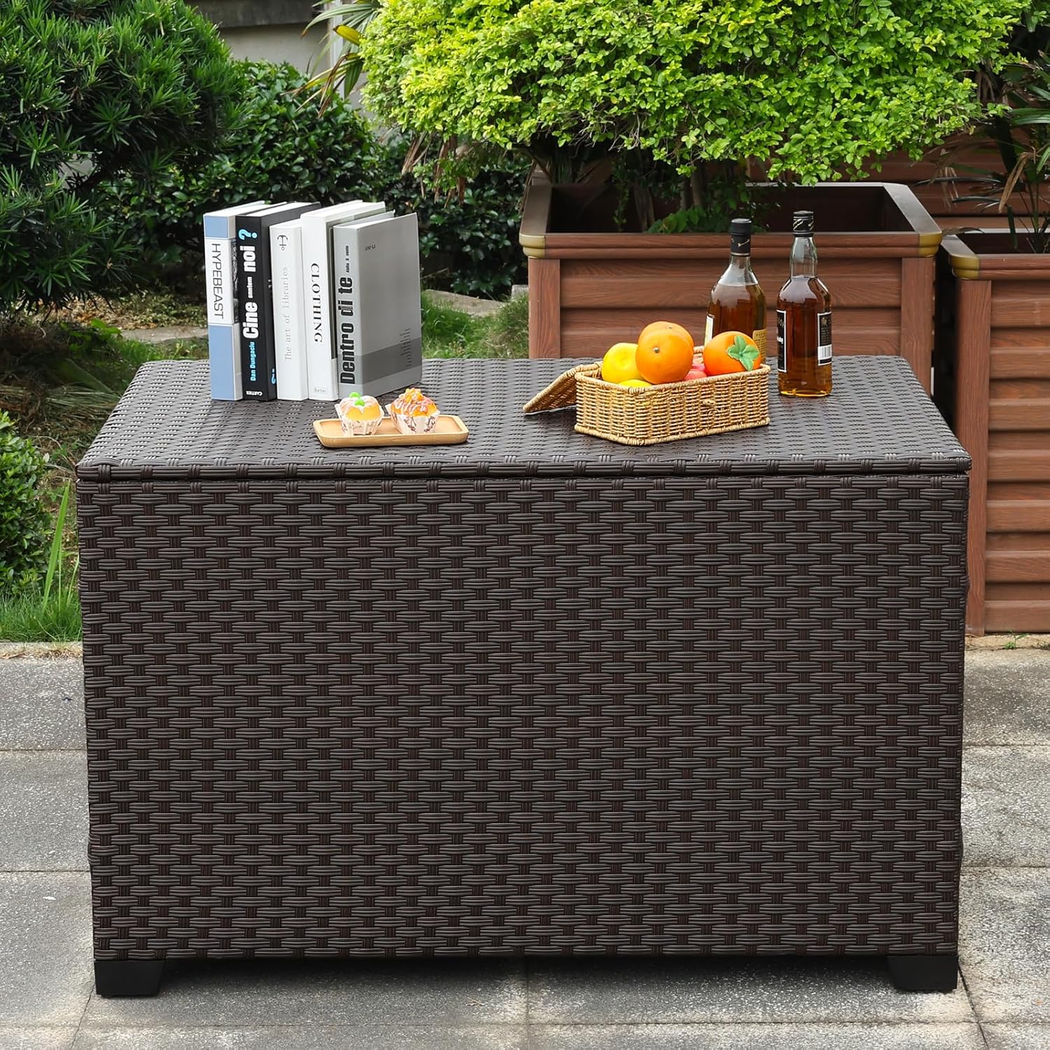 Rattaner Wicker Outdoor Storage Box 140 Gallon Patio Storage Bin with Waterproof Lining Bag Large Deck Box and Cushion Storage Bin Outdoor, Brown Wicker