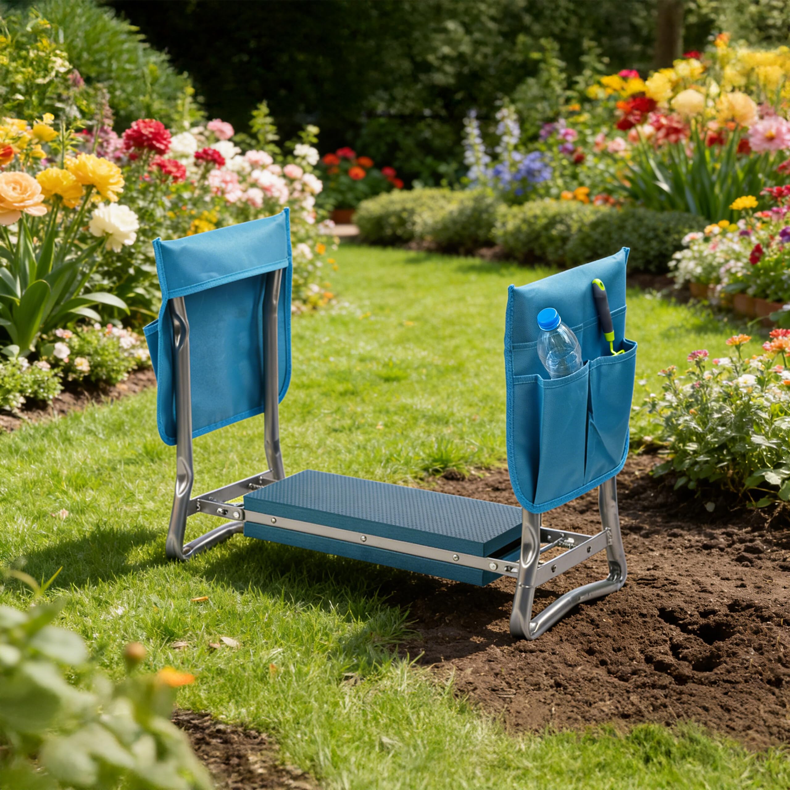 Relaxdays Banc-Genoux Pliable rembourré 2-en-1 avec Poches, jusqu'à 150 kg, 50x60x27.5 cm, Bleu Clair