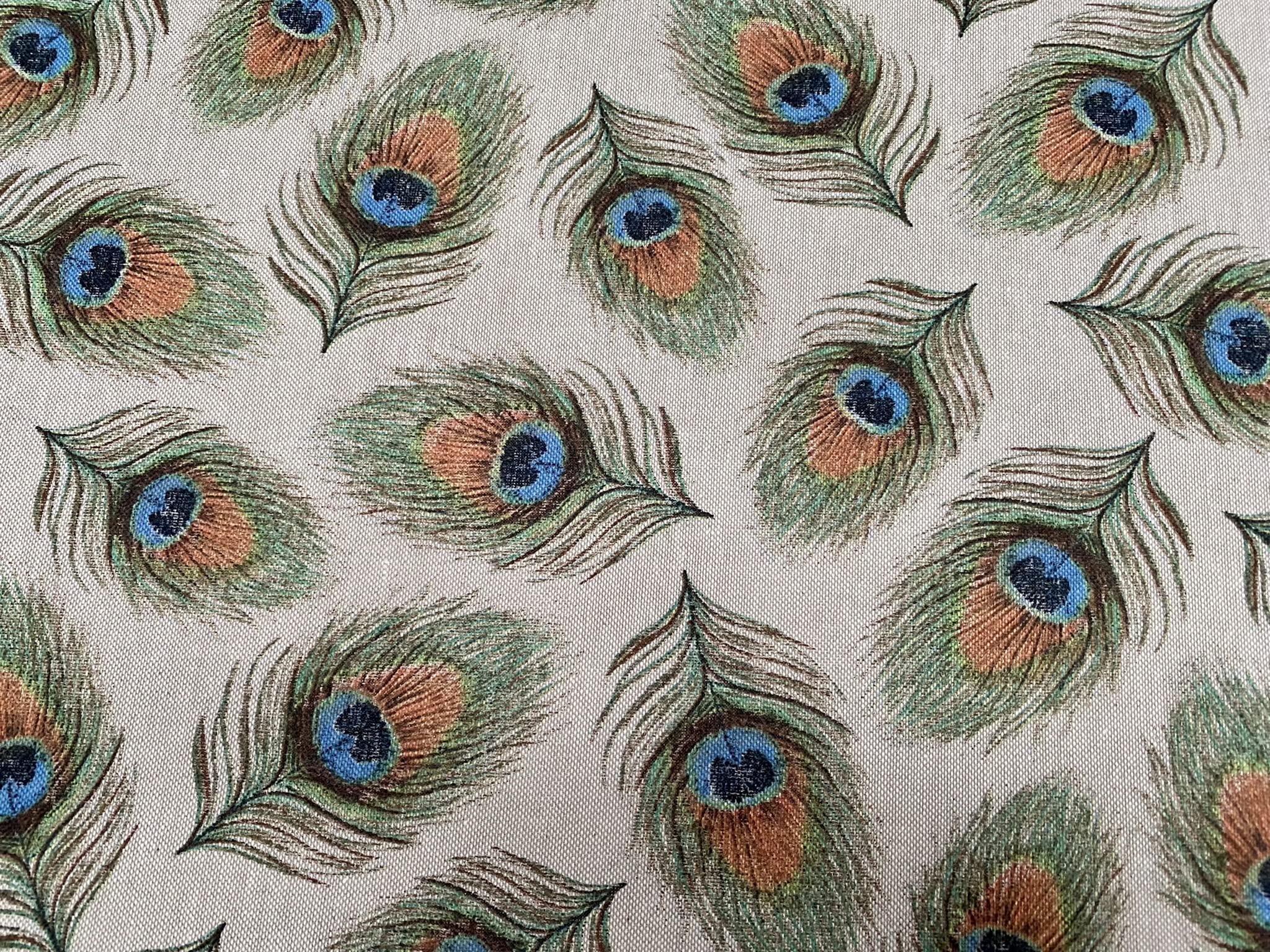 Linen Look Peacock Feathers Fan Print Fabric Upholstery Curtain Cotton Material 55" or 140cm Wide (Sold by The Metre)
