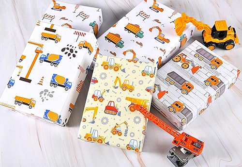 Miniatura 3 de Titiweet Papel de regalo de construcción, papel de regalo de camión para niños, niños, 12 hojas de papel de regalo para tractores y camiones para