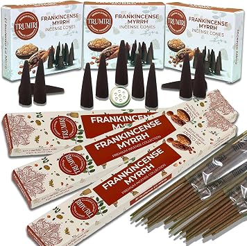 Frankincense Myrrh Scented Incense Sticks & Incense Cones Combo Pack - 60 Insence-Sticks + 30 Insence Cones - Inscense - Incense Cones Scented - Insents