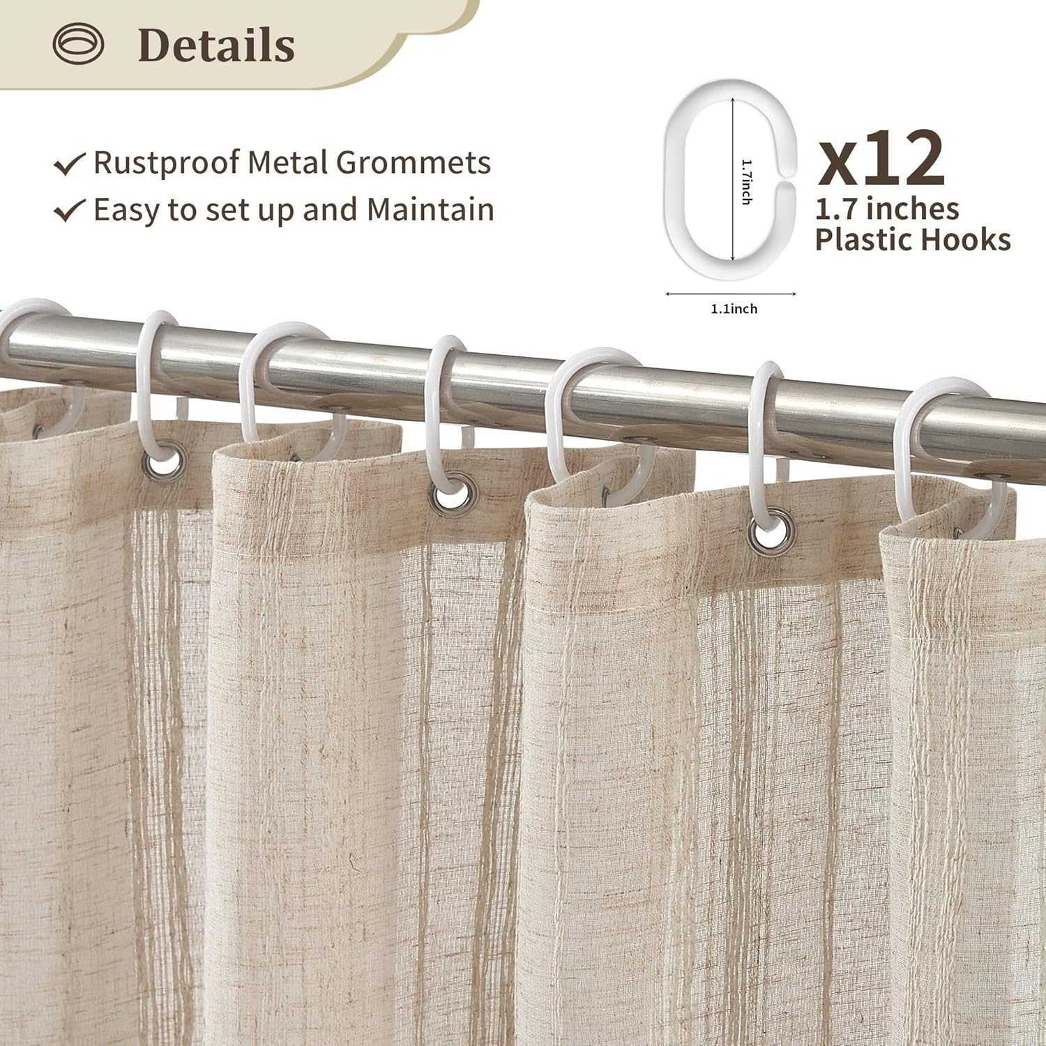 Siiluminisoy Neutral Linen Shower Curtain Beige Boho Shower Curtain for Bathroom Rustic Striped French Country Shabby Chic Shower Curtains, 72” x 72“
