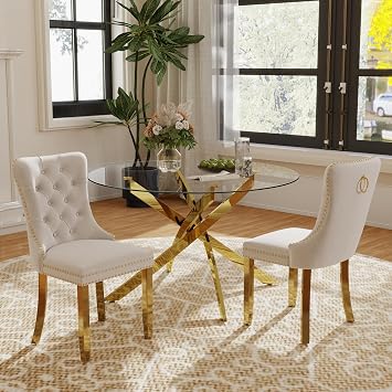 Mid Century Modern Glass Round Table Set for 2, 3 Pieces Gold Luxury Circle Dinner Set, 36 Clear Circular Top Minimalist Kitchen Set, Beige High-end Tufted Chairs, for Small Place