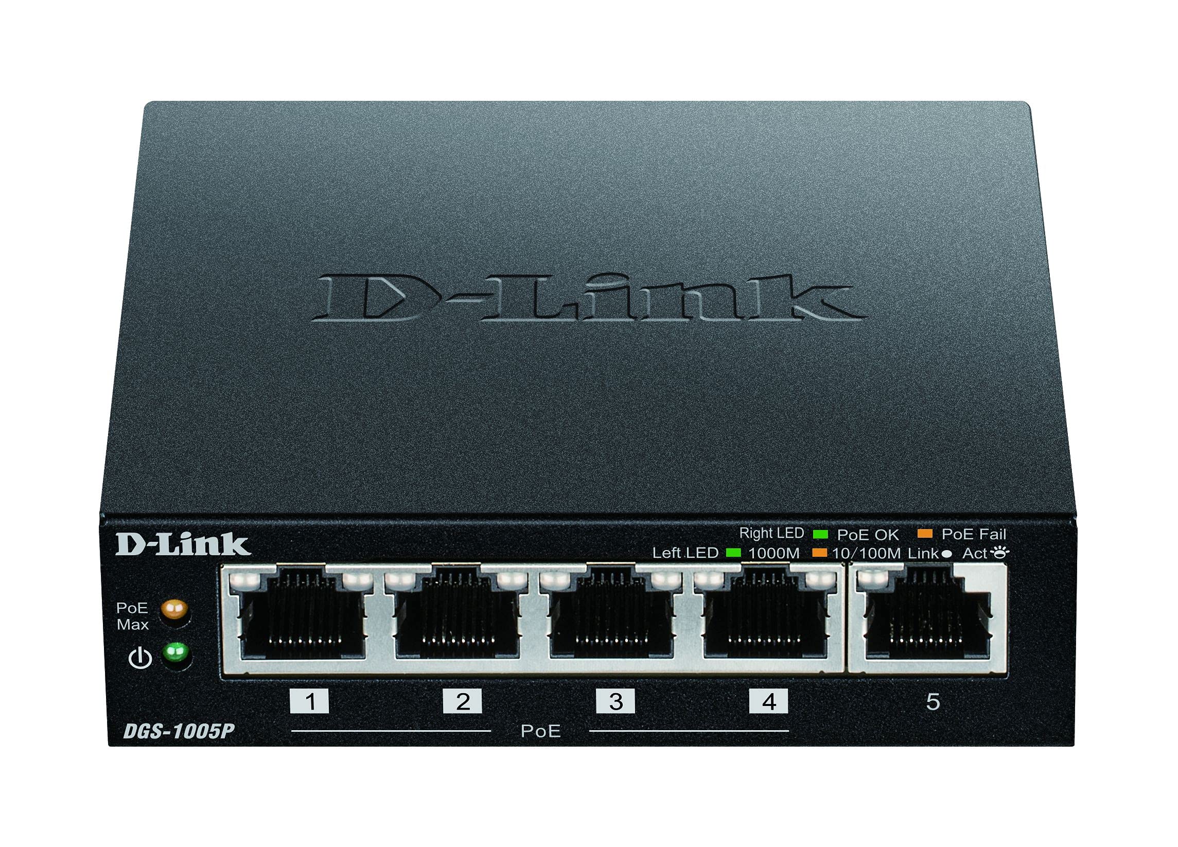 D-Link5-Port Desktop Gigabit PoE+ Switch, up to 30 W per PoE port, Total power budget of 60 W, Green, Compact and Silent, Plug & Play black DGS-1005P/B