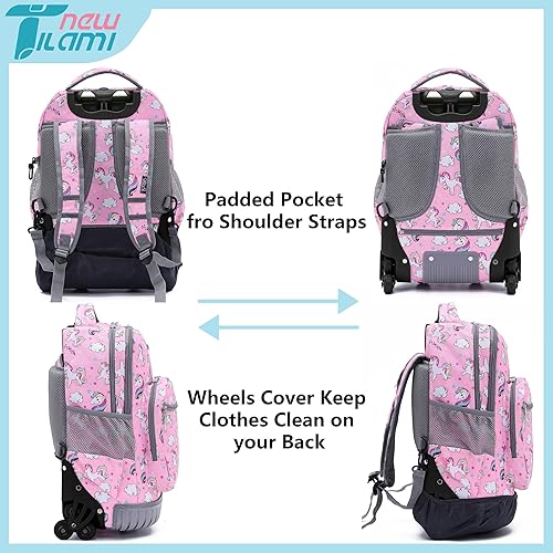 Miniatura 5 de NEW TILAMI Mochila con ruedas de unicornio para niños, mochila ajustable para laptop de 18 pulgadas con ruedas para niñas, para la escuela, viajes,
