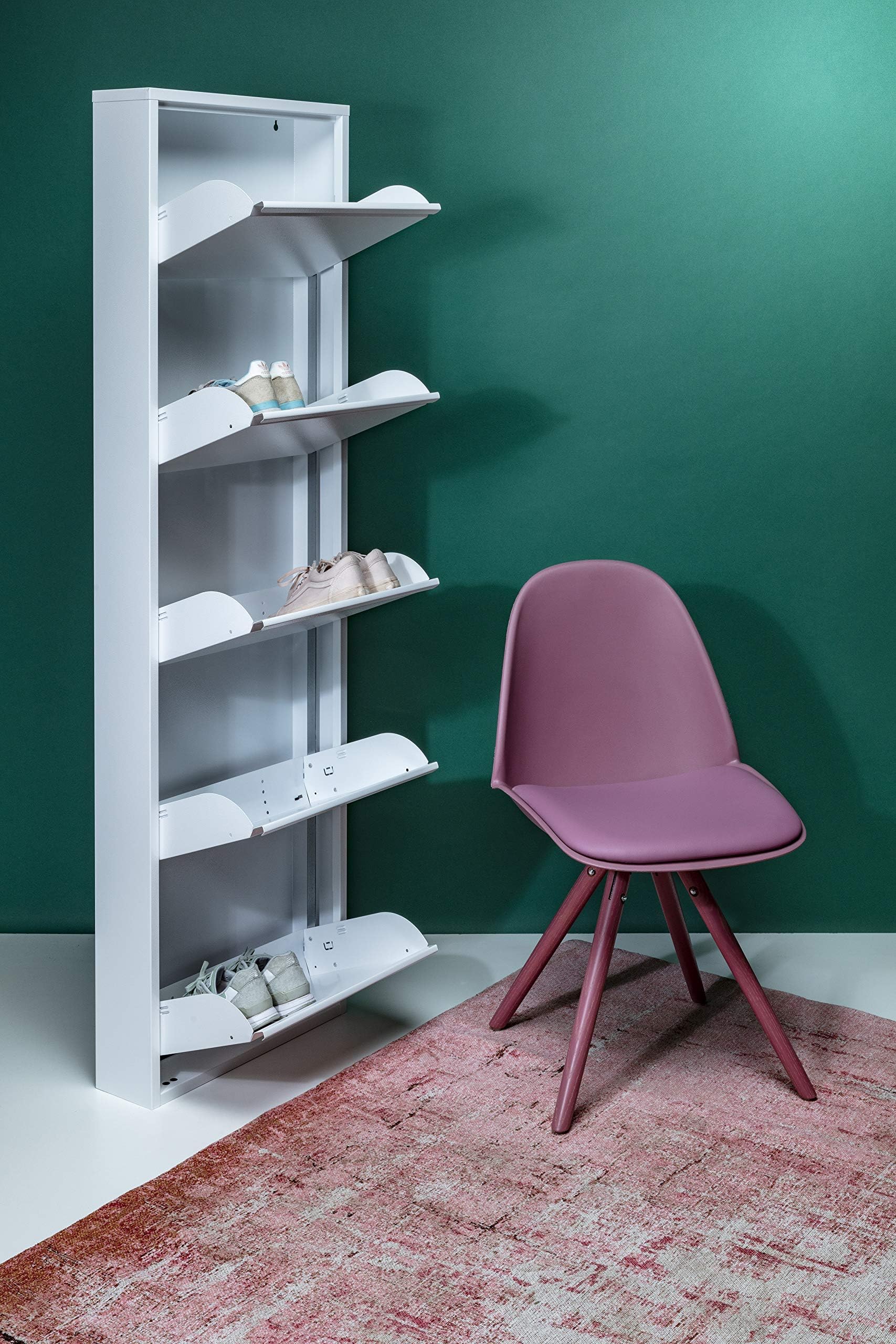 Kare Design Schuhschrank Caruso Weiß, Metall, mit 5 Klappen, Schuhablage für 10 Paar Schuhe, schmal, platzsparend, hoch, Schuhregal, Eingangsbereich, 173x50x15 cm (H/B/T)