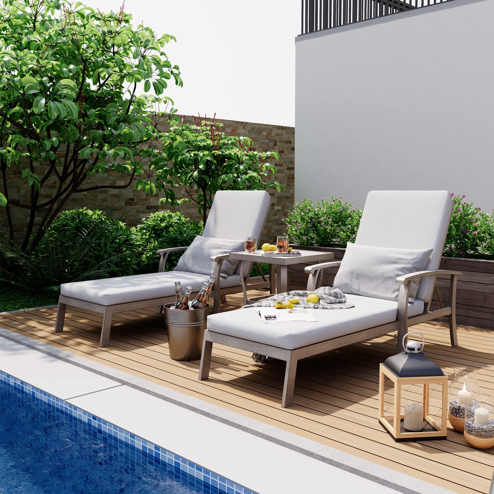 HAPPATIO Aluminum Patio Chaise Lounge Set 3 Pieces, Aluminum Patio Lounge Chair with Side Table, Pool Lounge Chair with Cushions for Patio Deck