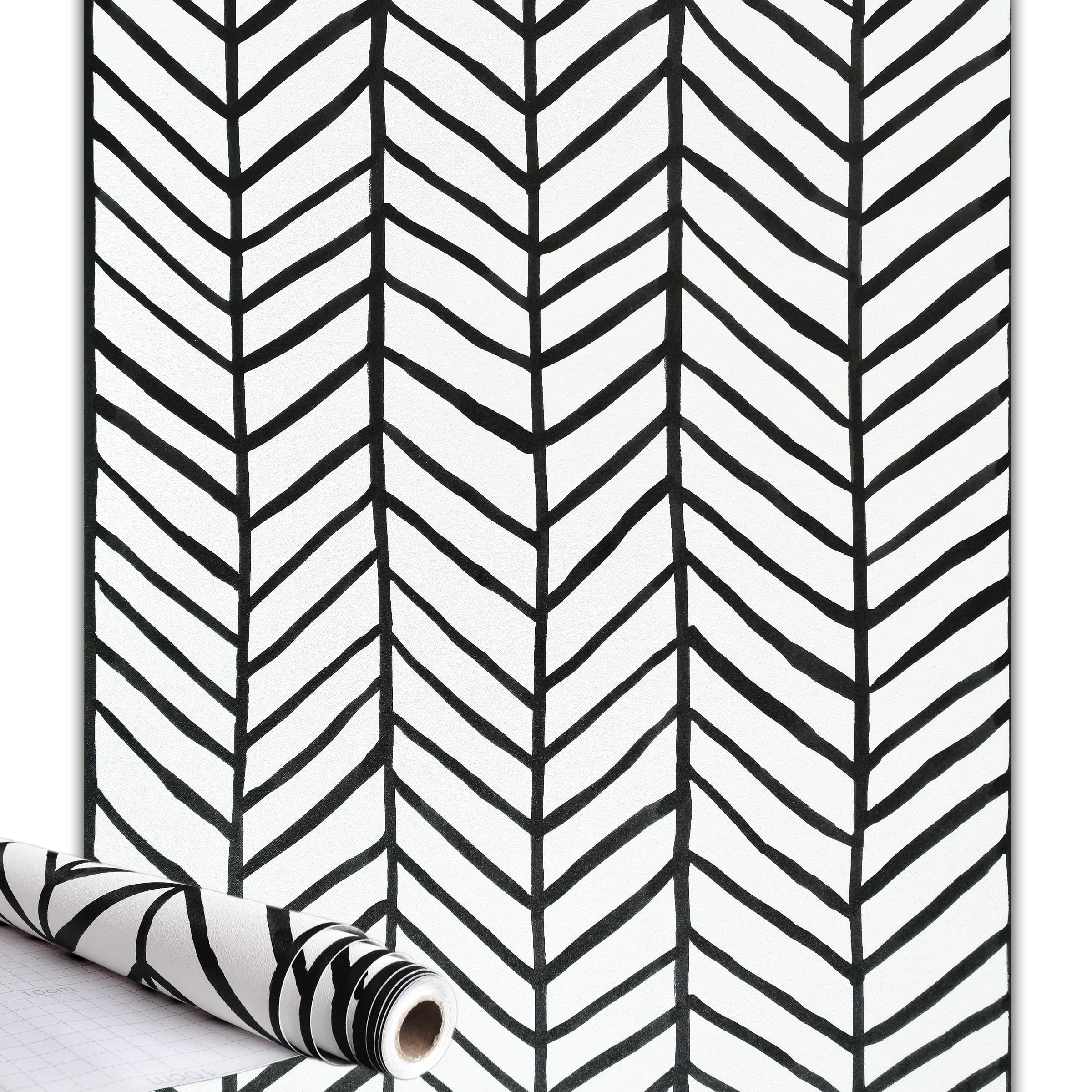 Qenlup Black and White Wallpaper Herringbone Wallpapers Self Adhesive Wall Paper Geometric Striped Textured Contact Papers for Living Room Bathroom Kitchen, 44x600cm