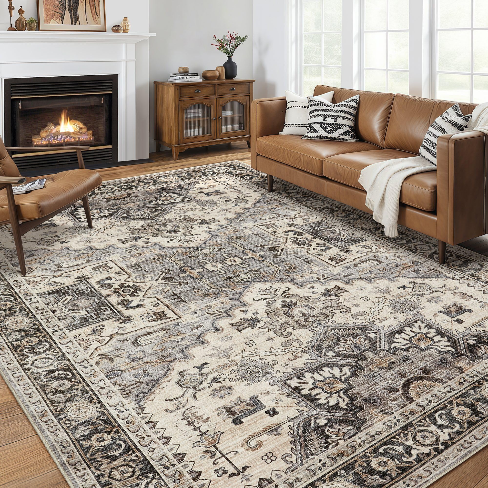 homewill Area Rug for Living Room - 9x12 Soft Machine Washable Oriental Vintage Floral Distressed Large Indoor Floor Carpet for Bedroom Under Dining