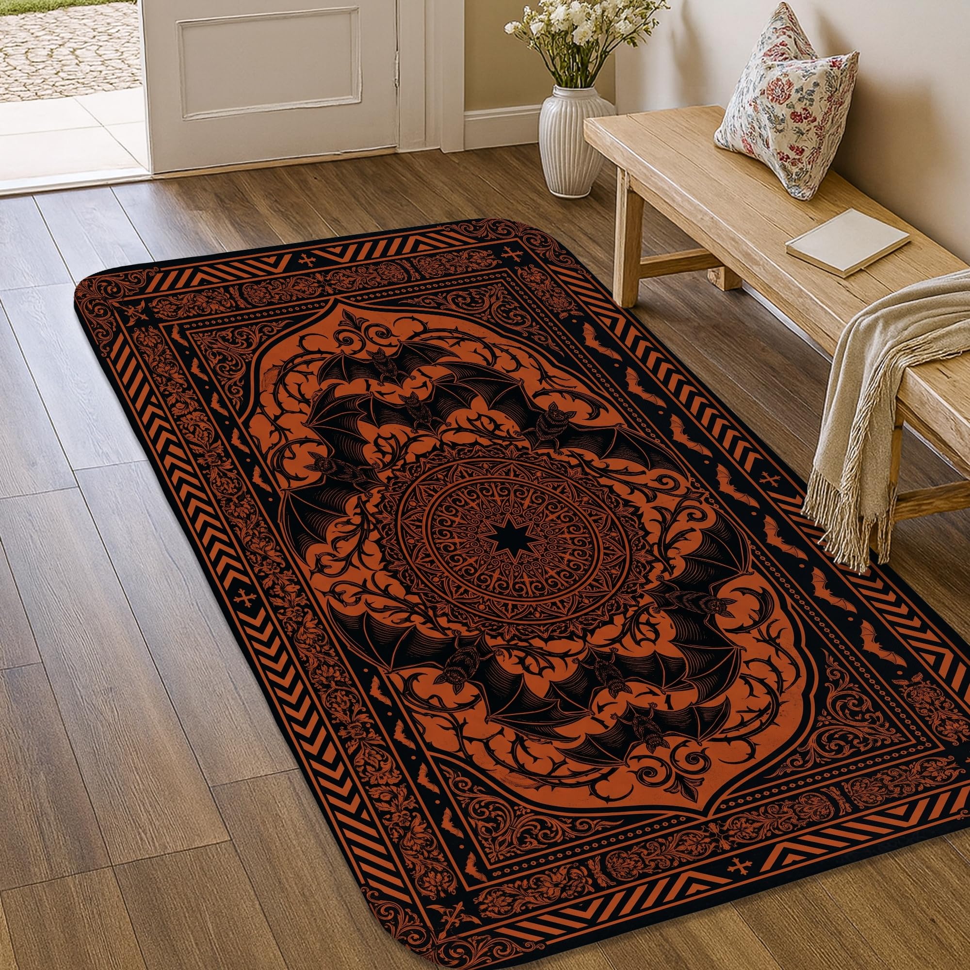 Alfombra de mandala negra y bohemia rectangular para salón