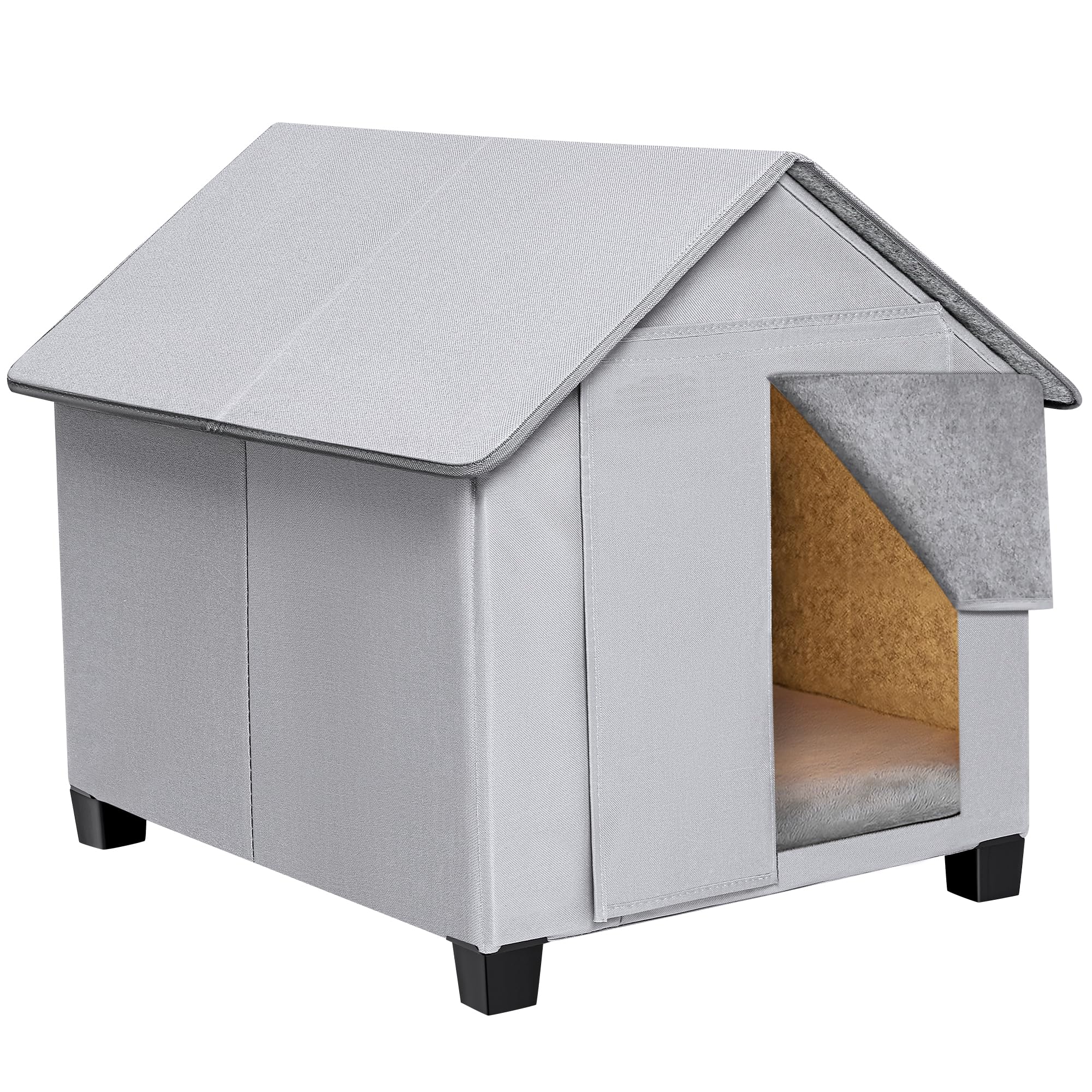 Outdoor Dog House, Elevated Foldable Dog Cave Bed with Removable Plush Mat for Medium Dogs Up to 23.6 Inches Long