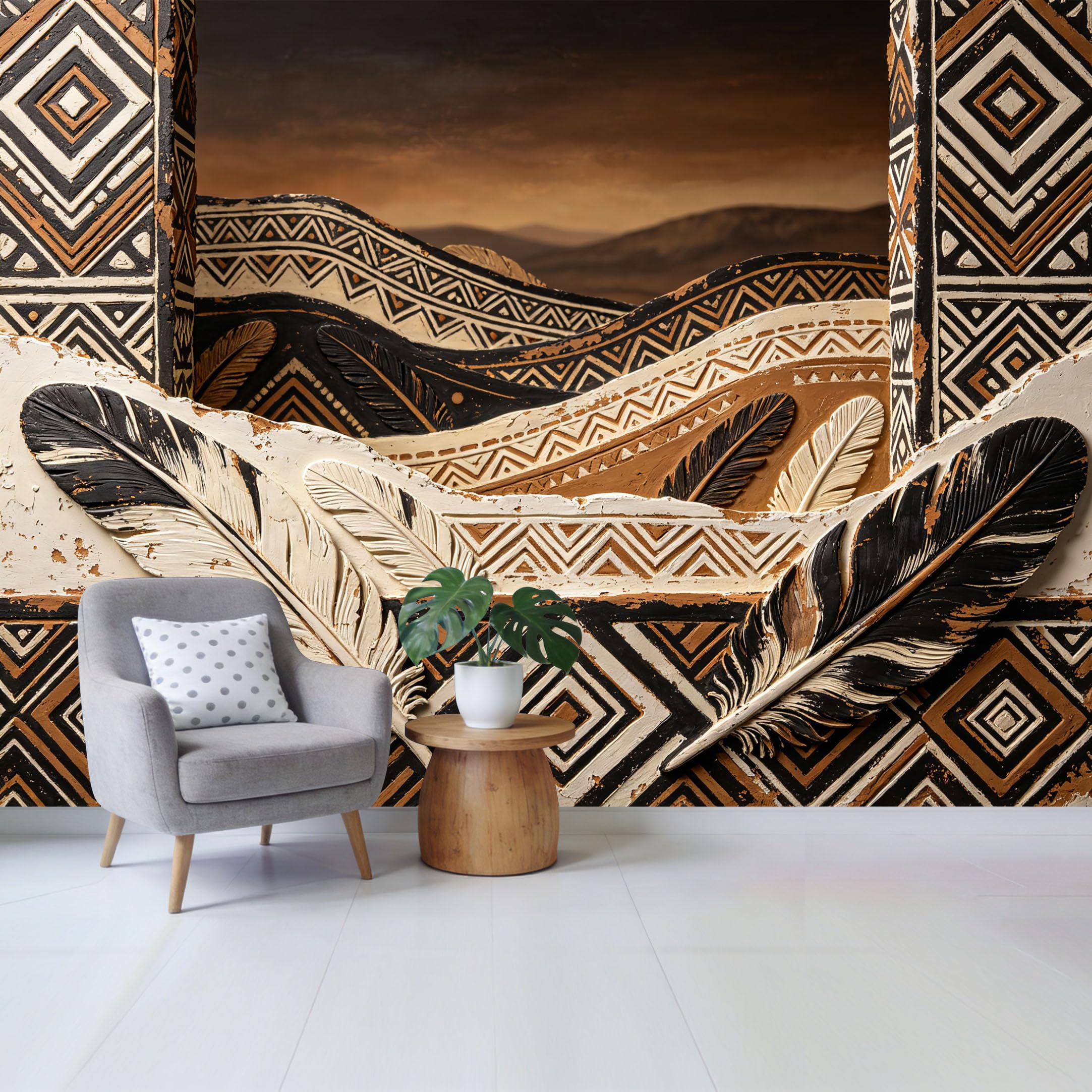 Qzlithotic Yq2605250951 Custom Size Wall Mural Geometric Tribal Pattern Feather Relief Textured 3D Trompe L'oeil Selfadhesive Wall Fabric Removable Wallpaper For Home Office Decor