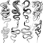 8 Sheets Cobra Snake Temporary Tattoos For Women Men Adults, Half Arm Sleeve Fake Tattoo Stickers Serpent, 3D Waterproof Halloween Black Realistic Snake Tattoos For Legs Forearm Back Neck Sets