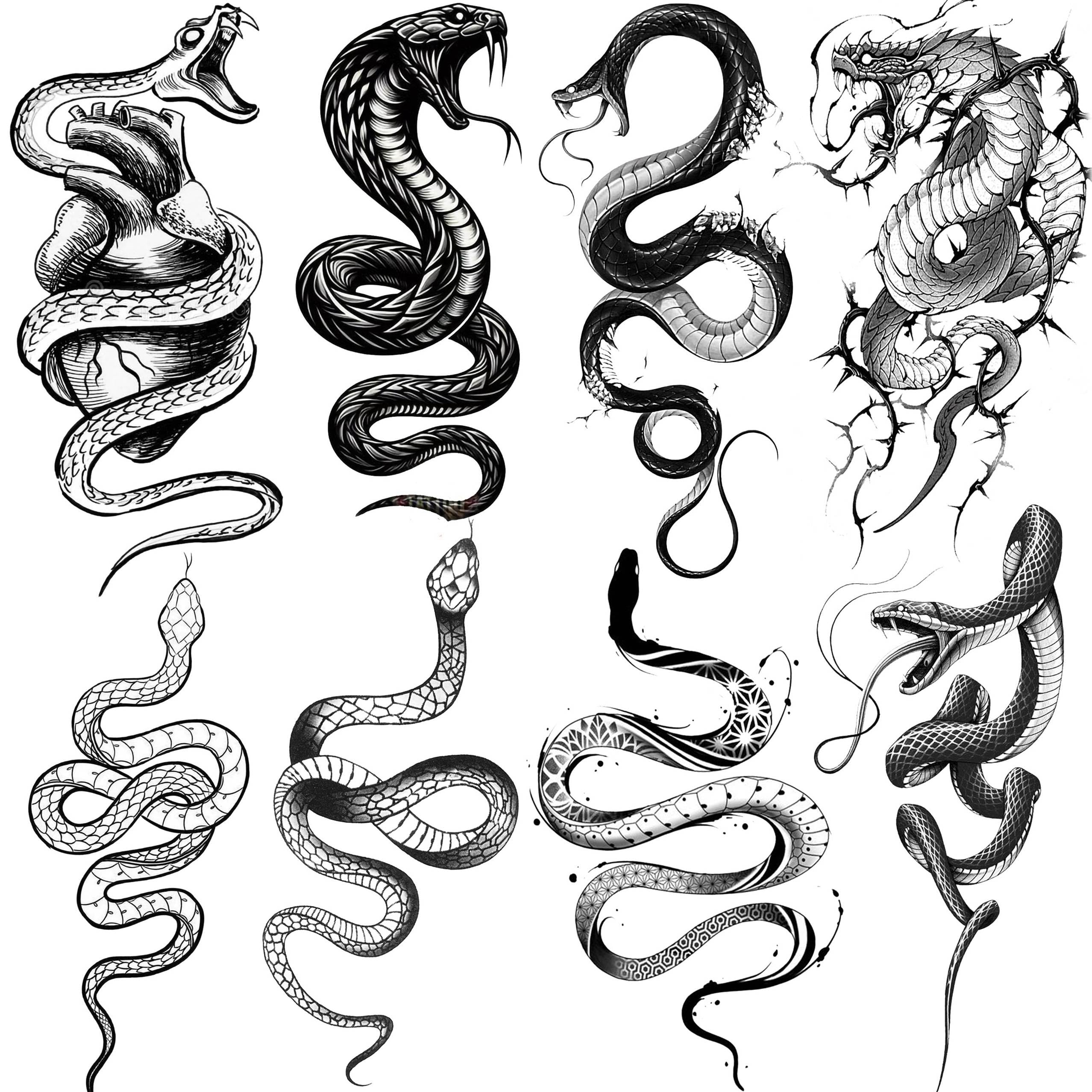 8 Sheets Cobra Snake Temporary Tattoos For Women Men Adults, Half Arm Sleeve Fake Tattoo Stickers Serpent, 3D Waterproof Halloween Black Realistic