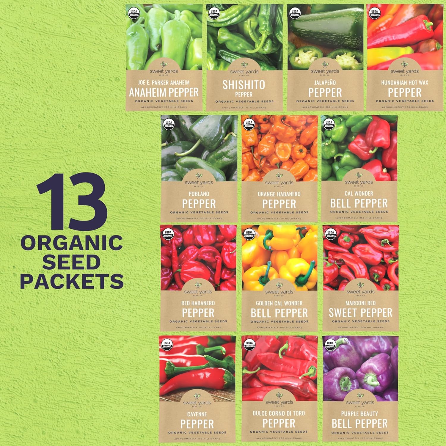 Organic Pepper Seeds (Sweet and Hot) Variety Pack - 13 Individual Packs - 2026 Season - Cayenne, Orange Habanero, Shishito and More! for Indoor & Outdoor Planting (Non-GMO, Certified Organic)
