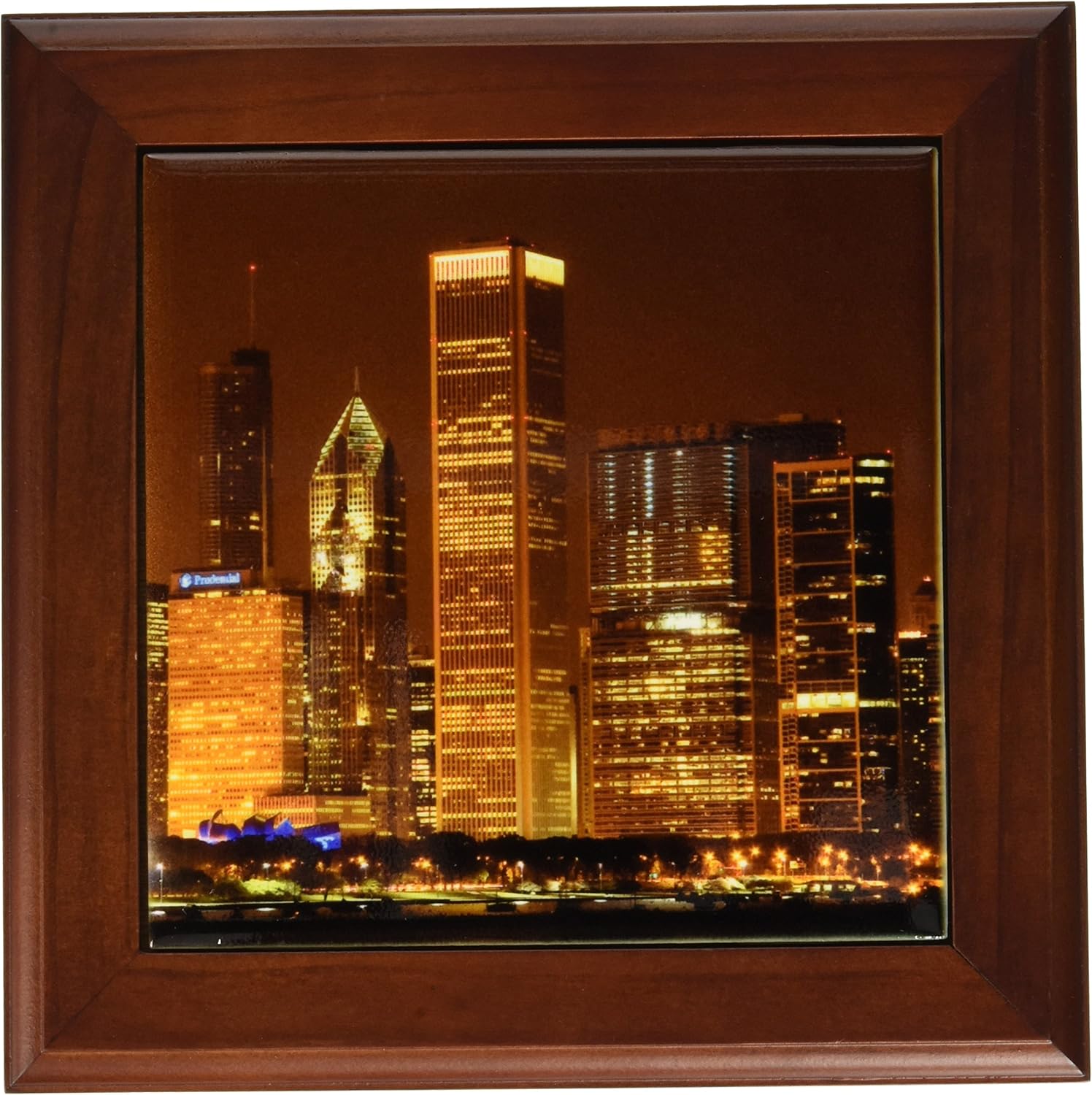 3dRose ft_90191_1 Chicago Skyline at Night, Illinois-US14 DFR0127-David R. Frazier-Framed Tile, 8 by 8-Inch