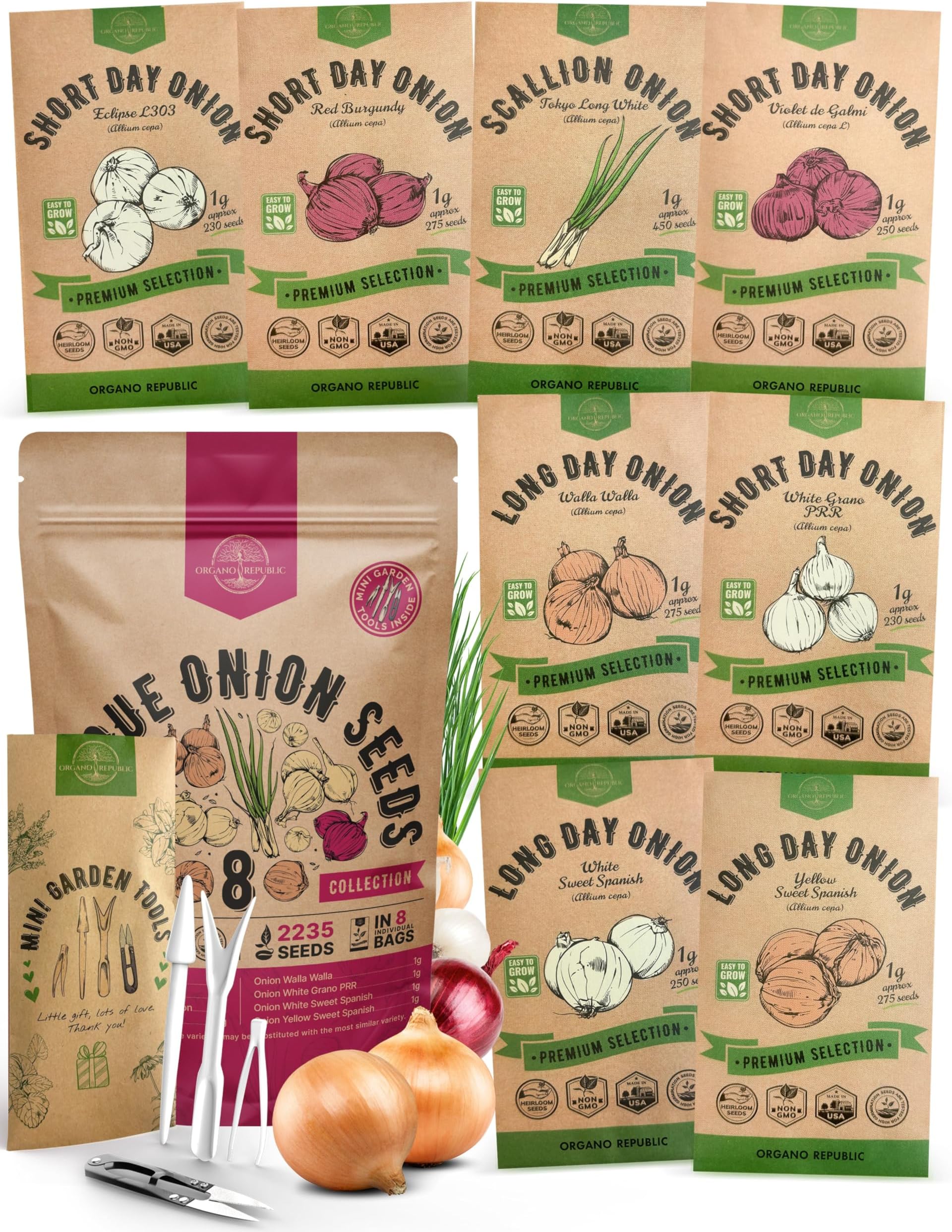 Organo Republic 8 Onion Seeds Variety Pack Heirloom, Non-GMO, Sets for Indoors, Outdoors Gardening. 2200+ Seeds: Walla Walla, Green Onion, Red Burgundy, White & Yellow Sweet Spanish Onions