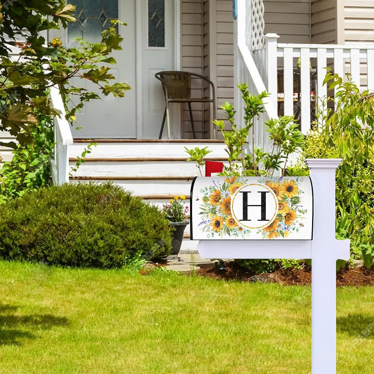 Summer Sunflower Monogram Letter H Mailbox Cover Magnetic 21x18 Inch, Family Last Name Initial Post Letter Box Covers, Spring Summer Seasonal Outdoor Yard Garden Standard Mailbox Decor
