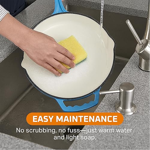 Miniatura 5 de Bruntmor Juego de sartenes de hierro fundido pre-sazonadas, 8, 10, 12 pulgadas, sartenes antiadherentes de esmalte azul con tapa de vidrio templado,