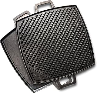 Bayou Classic 7444 10.5-in Cast Iron Reversible Square Griddle Features Flat Side and Ribbed Grill Side Perfect for Large Batch Breakfast Burgers and Grilled Sandwiches Steaks and Chicken