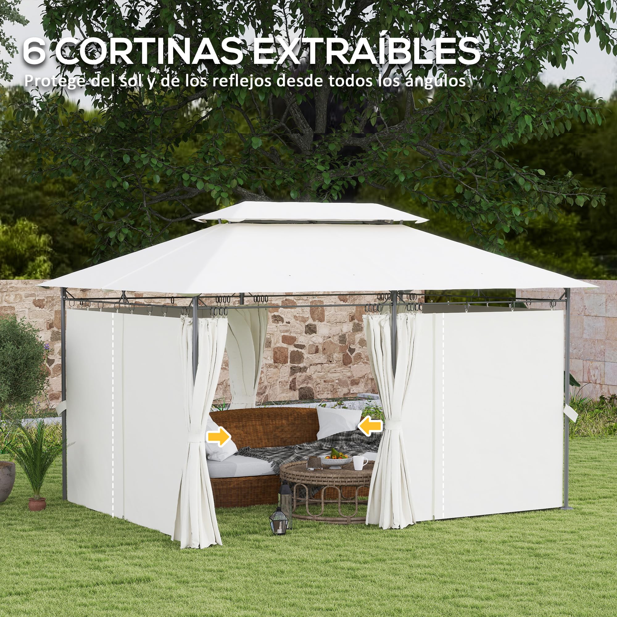 Outsunny Cenador de Jardín 4x3 m, Pabellón de Jardín Gazebo con Doble Techo, 6 Paredes Laterales, Estructura Metálica, Orificios de Drenaje, Carpa para Exterior, Terraza, Patio, Crema
