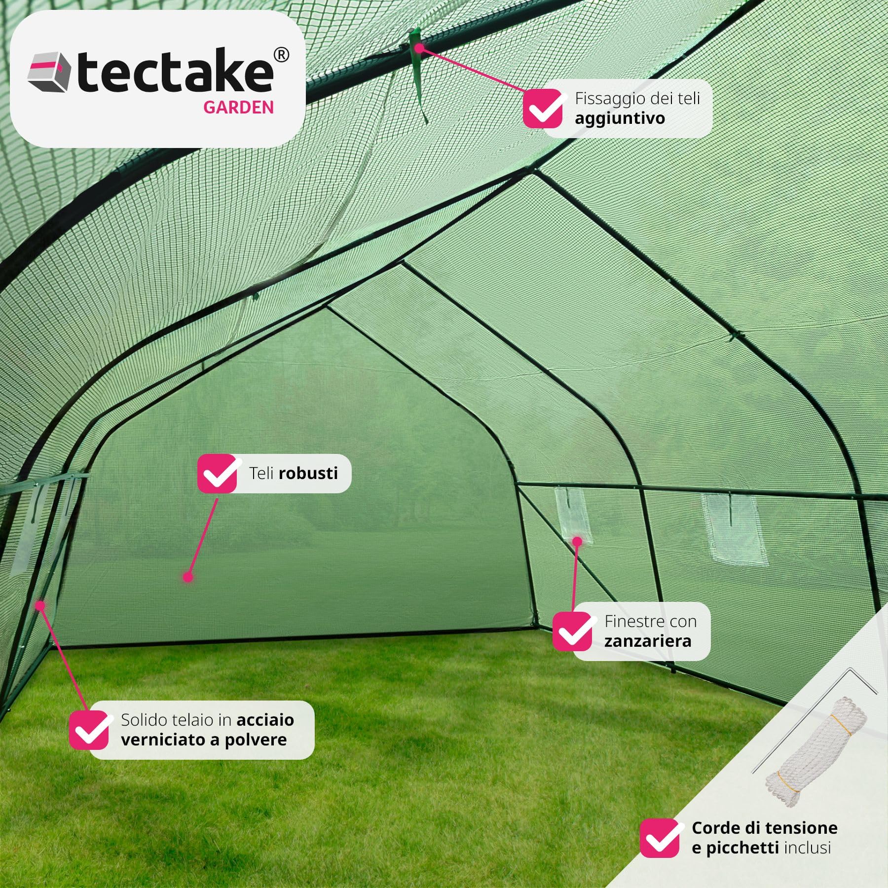 tectake® Serra da Giardino in Acciaio e PVC, 600x300x205cm, 18 m² di Superficie Utile, 8 Finestre Laterali con Zanzariera, Serra Ideale per Verdure, Erbe, Frutta, Fiori, Resistente al Freddo e al Gelo