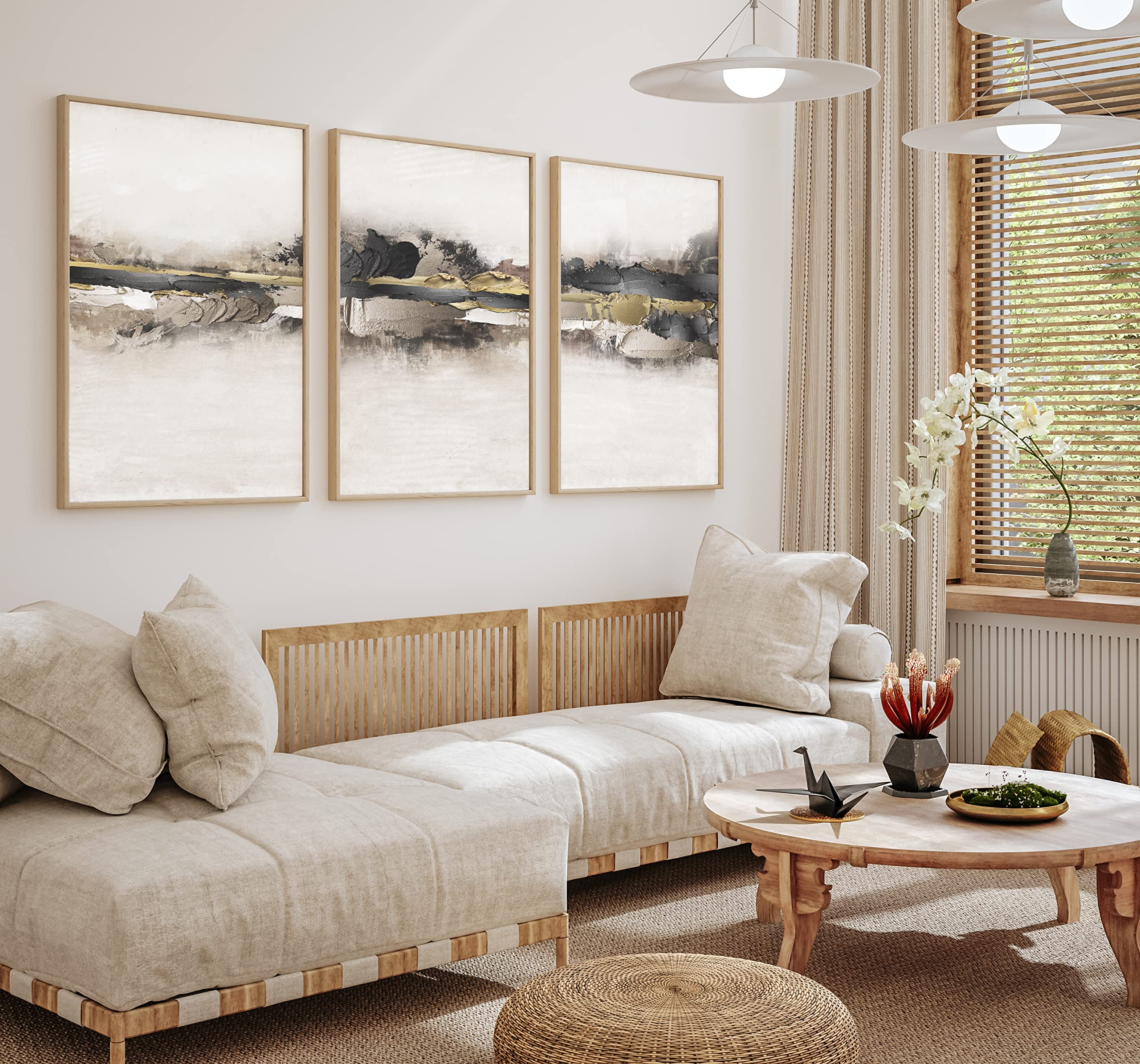Generic Set of 3 Modern Abstract Wall Art Prints (A3), GOLD BLACK BEIGE, 42L x 29.7W cm - Image 2