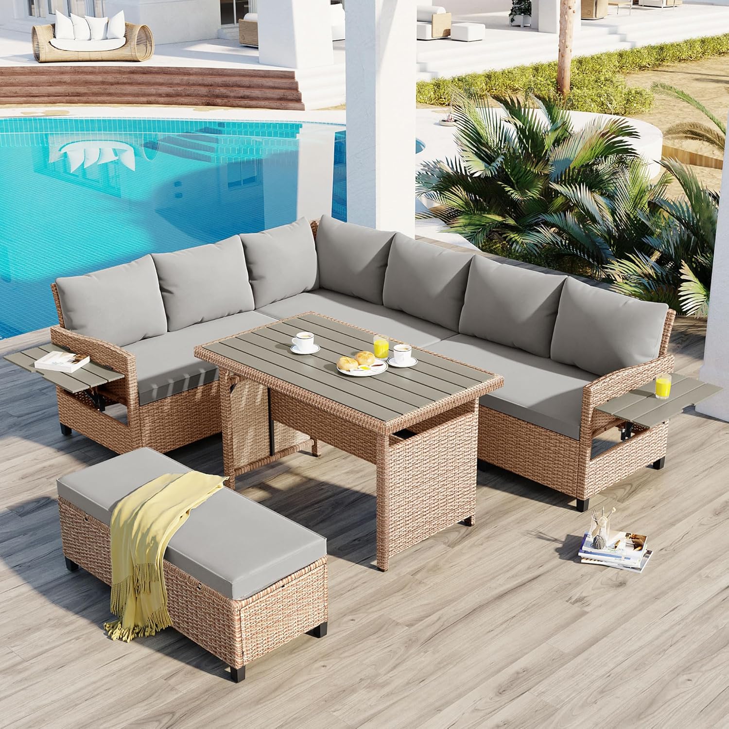 Polibi 5-Piece Outdoor Sectional Conversation Set Sofa, Rattan Wicker L-Shaped Patio Furniture Sets with 2 Extendable Side Tables, Patio Dining Table,Patio Benches for Outdoors,Brown