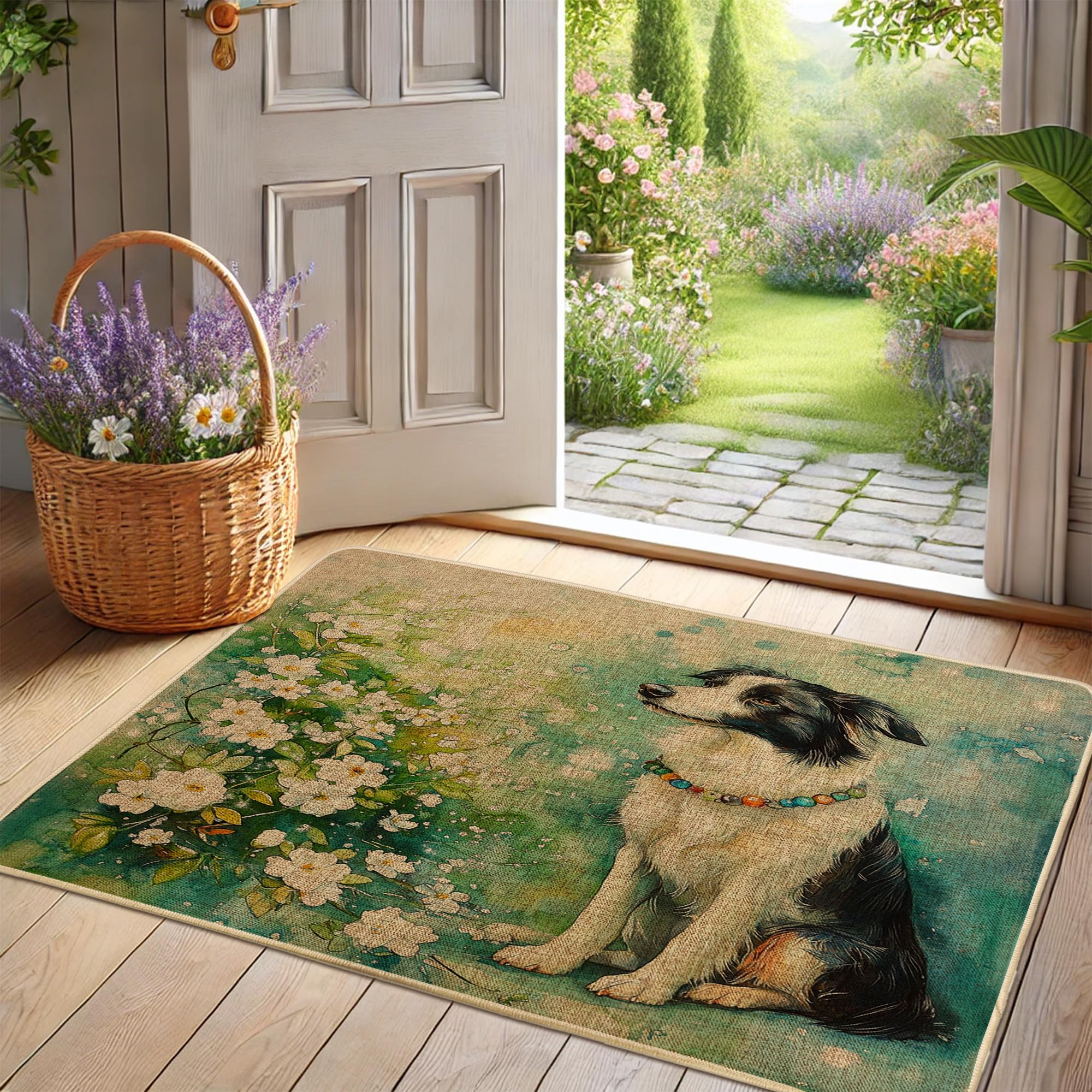Spring Floral Dog Doormat, Black White Border Collie Door Mat for Outdoor & Indoor Entrance Rustic Decor, Rubber Waterproof Non-Slip Dust Absorbent Front Doormat, Easy Clean 29x17 Inch