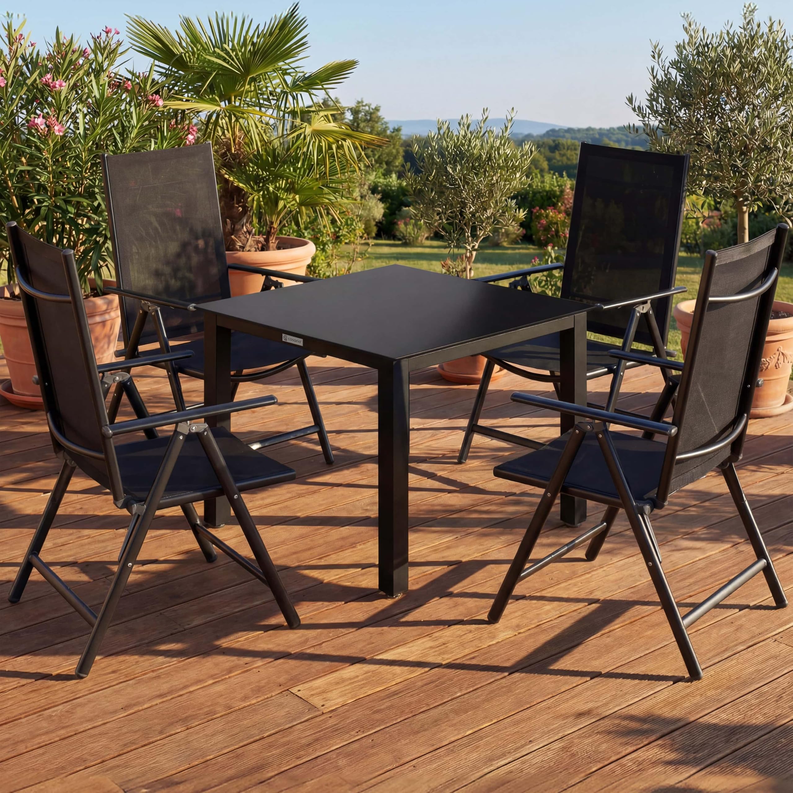 Casaria® Gartenmöbel Set 4 Stühle mit Tisch 90x90cm Aluminium Sicherheitsglas Wetterfest Klappbar Modern Terrasse Balkon Möbel Sitzgruppe Garnitur Bern