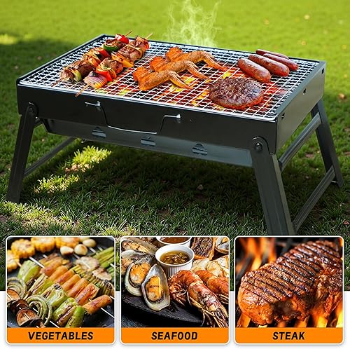 Miniatura 7 de Parrilla de carbón portátil de 17 pulgadas, parrillas de carbón plegables portátiles para barbacoa, mini ahumador de mesa, parrilla de barbacoa