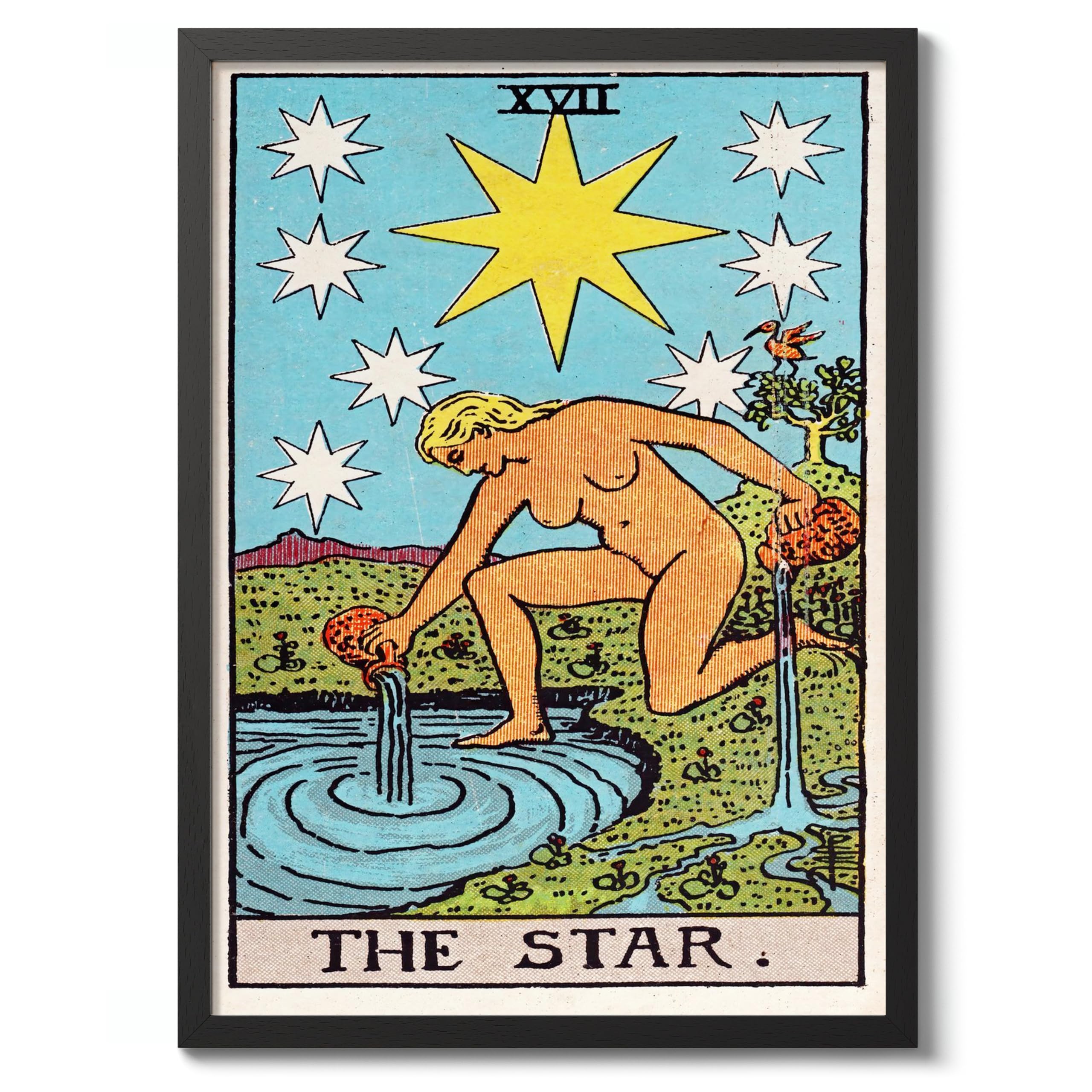 Animato Star Vintage Tarot Art Print, Spiritual Wall Art Poster, Retro Mystical Bedroom Home Decor, 50x70cm (Black Frame) - 53x73cm