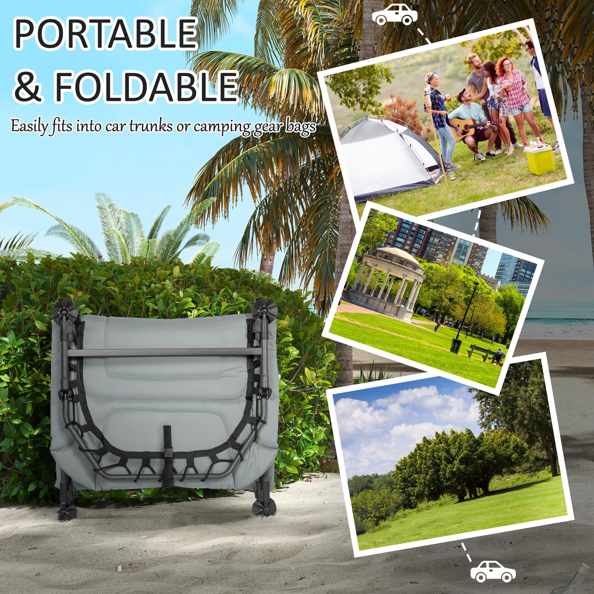 Camping Cot for Adults, Folding Bed with Soft Padded Cushions Headrest, 180° Adjustable Reclining Lounger, Heavy Duty and Portable with a 400 lbs. Capacity, Gray