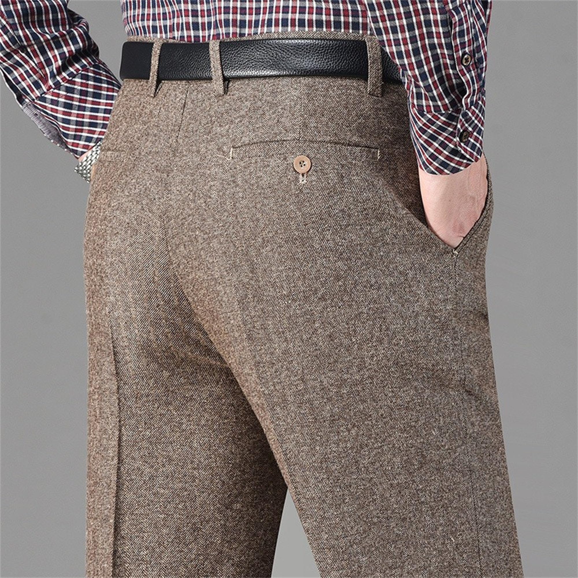 Pantaloni da uomo in stile retrò, in tweed a spina di pesce, in lana spessa, stile casual, a spina di pesce, pantaloni per tutti i giorni