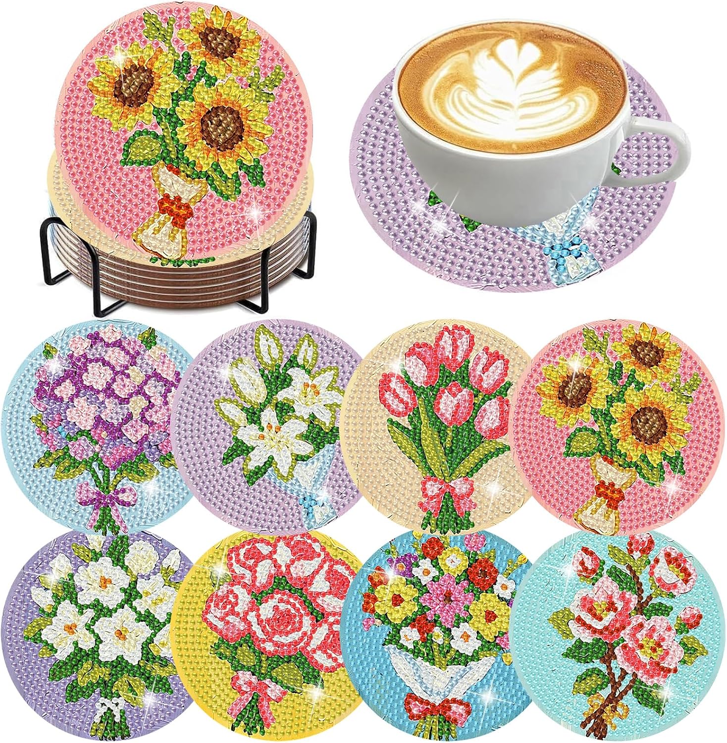 8 Pcs Flowers Diamond Art Coasters with Holder Cork Pads 4X4 inch