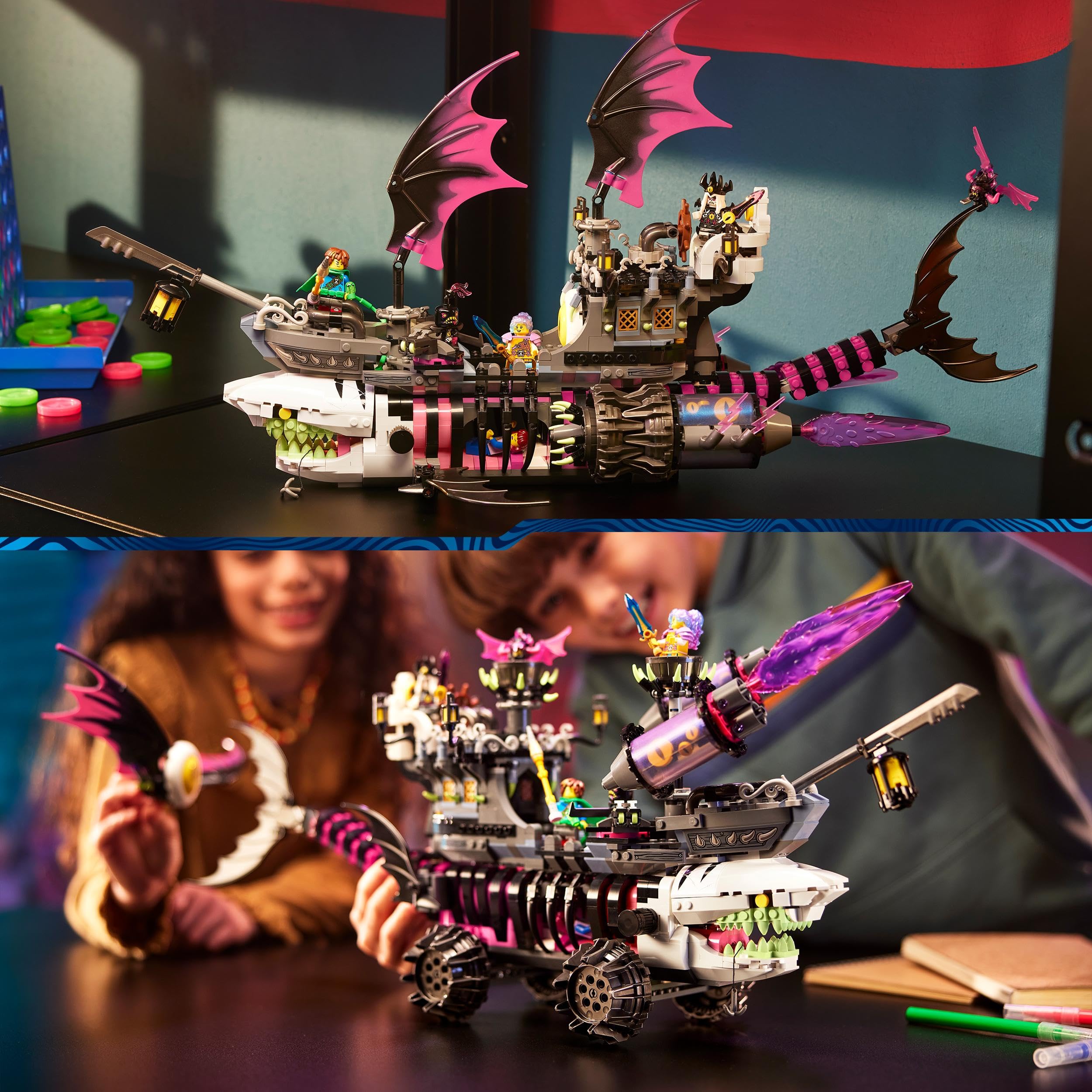 LEGO DREAMZzz 2 in 1 Nave-Squalo Nightmare, Nave Pirata Giocattolo da Costruire in 2 Modi, Giochi per Bambini e Bambine, Barca dei Sogni con Minifigure di Mateo, Izzie, Nova e del Re dell'Incubo 71469