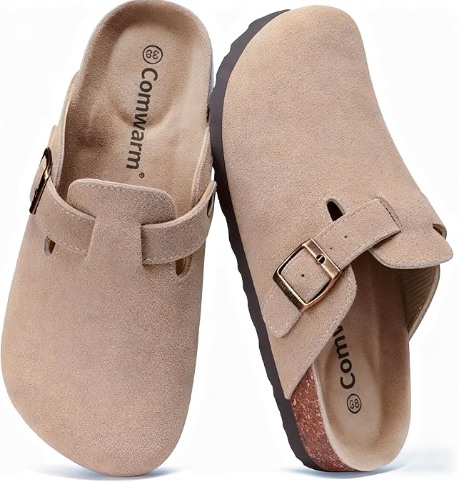 Comwarm Unisex Suede Clogs for Women Made of Leather Non-Slip Mules with Premium Footbed