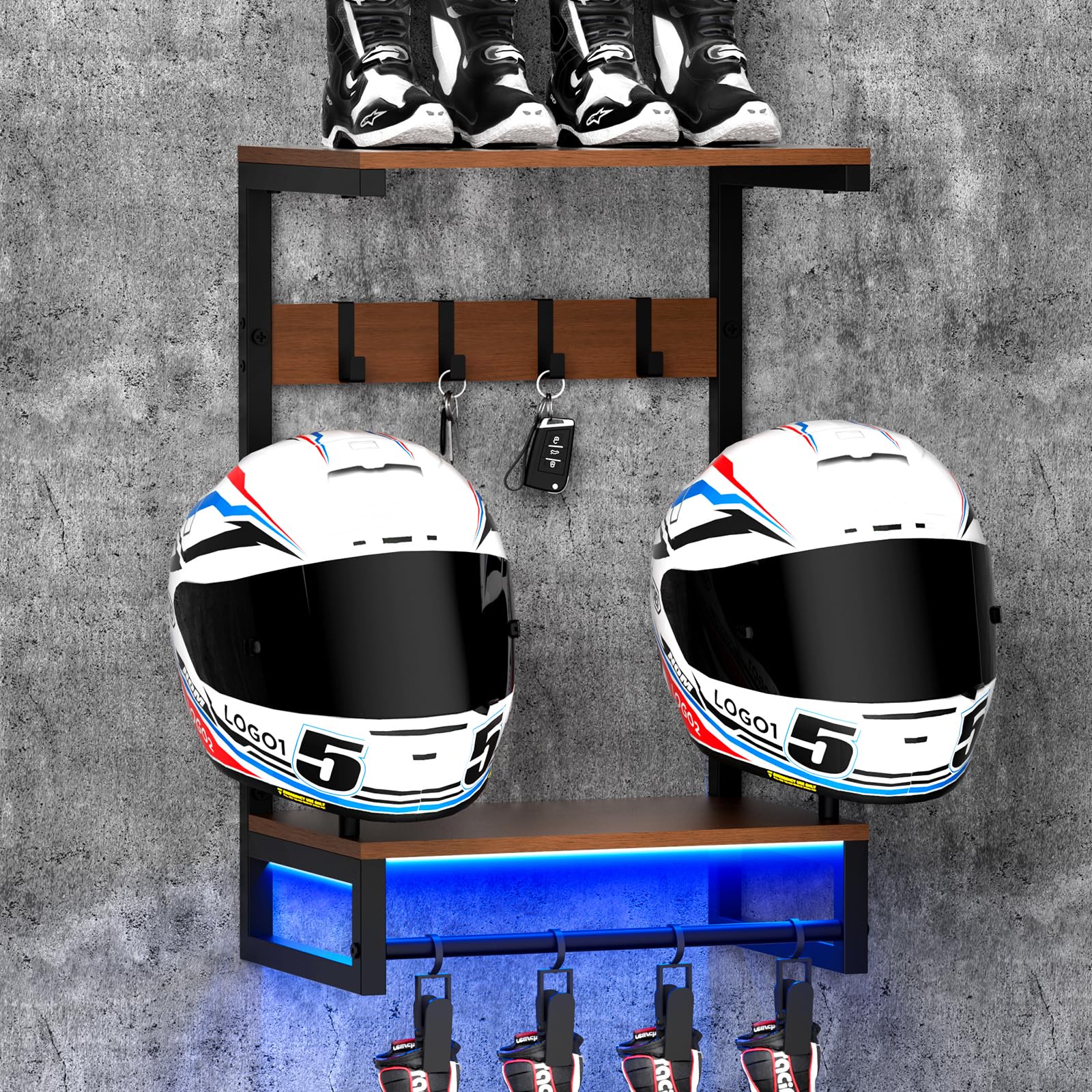 Helmet Wall Mount Holder with RGB Light Strip,2-Helmet Capacity
