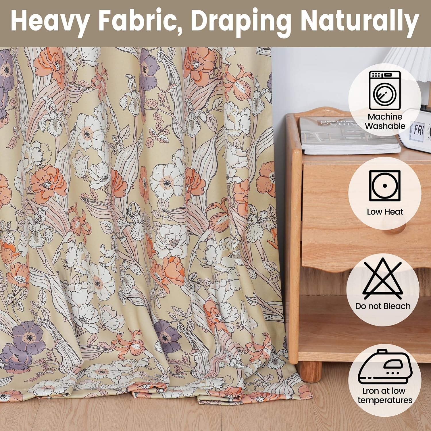 Vintage Floral 95% Blackout Curtain for Living Room Thermal Insulated Privacy Curtain French Country Style Window Treatments, 2 Panels 52" W x 96" L Khaki