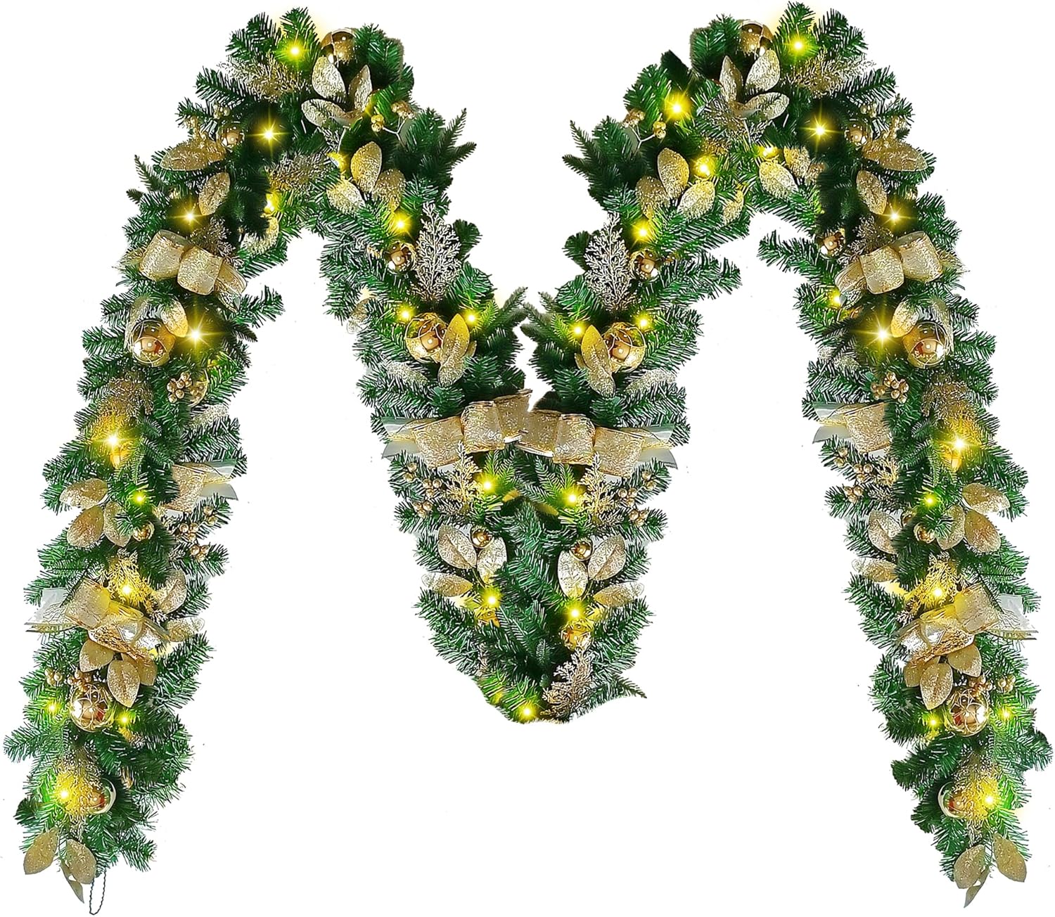 yoyomax Christmas Garland, Pre-Lit Artificial Christmas Garland with Lights for Indoor Outdoor Christmas Decorations, 40 LED Lights, Battery Operated, Christmas Collection, 9 Feet-Gold Gold 9ft
