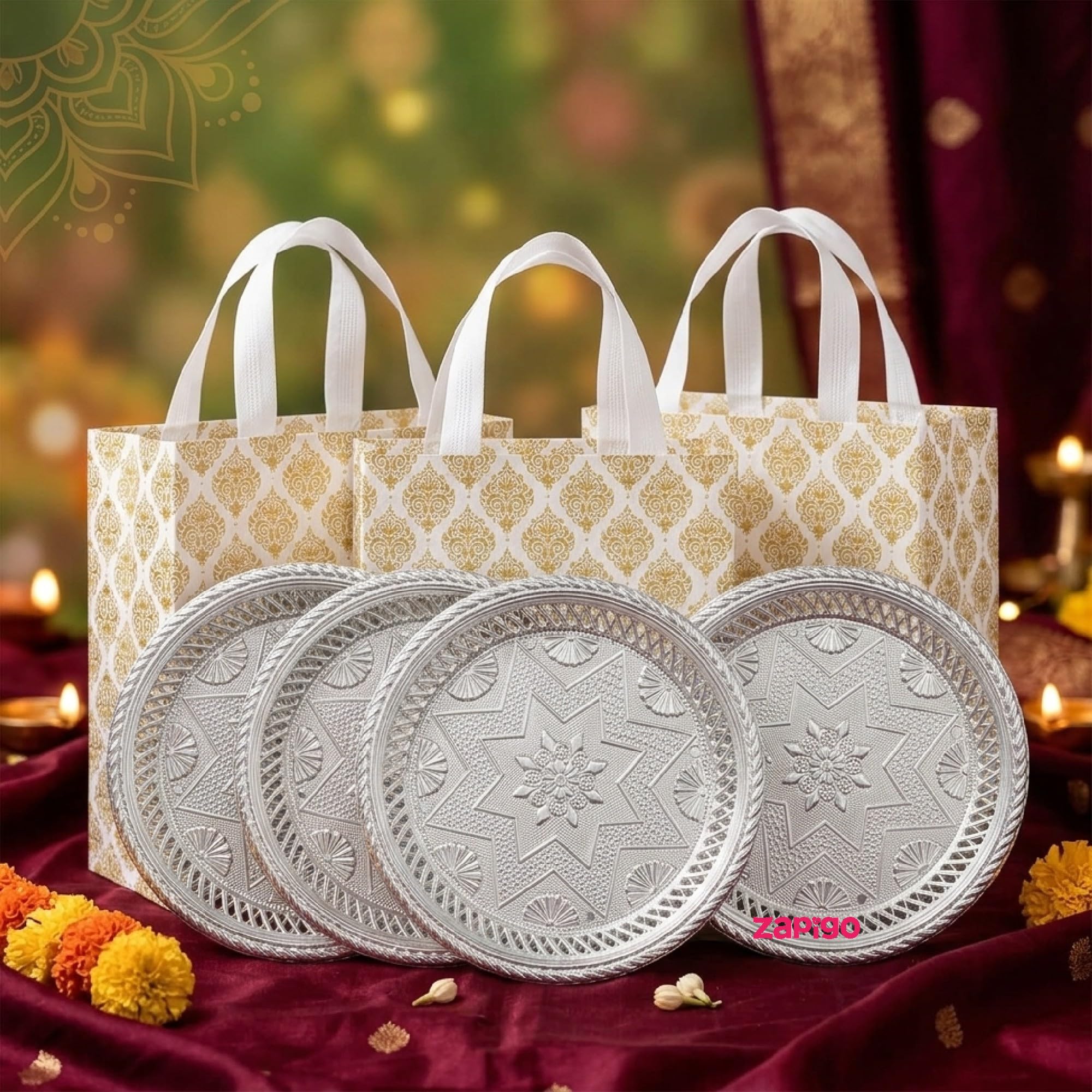 Habba Silver Decorative Plate with Laminated Carry Bag, 7 Inch Pooja Thali, Traditional Return Gift for Diwali, Navratri, Wedding, Housewarming, Baby Shower, Festivals-image-3