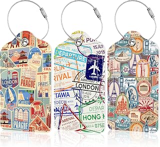 EOBKLAX 3 Pack Travel Stamp Luggage Tags for Suitcases,Travel Retro Labels Leather Baggage Suitcases Tag Name ID Label Privacy Cover Travel Bag Tags for Women Men Boys Girls