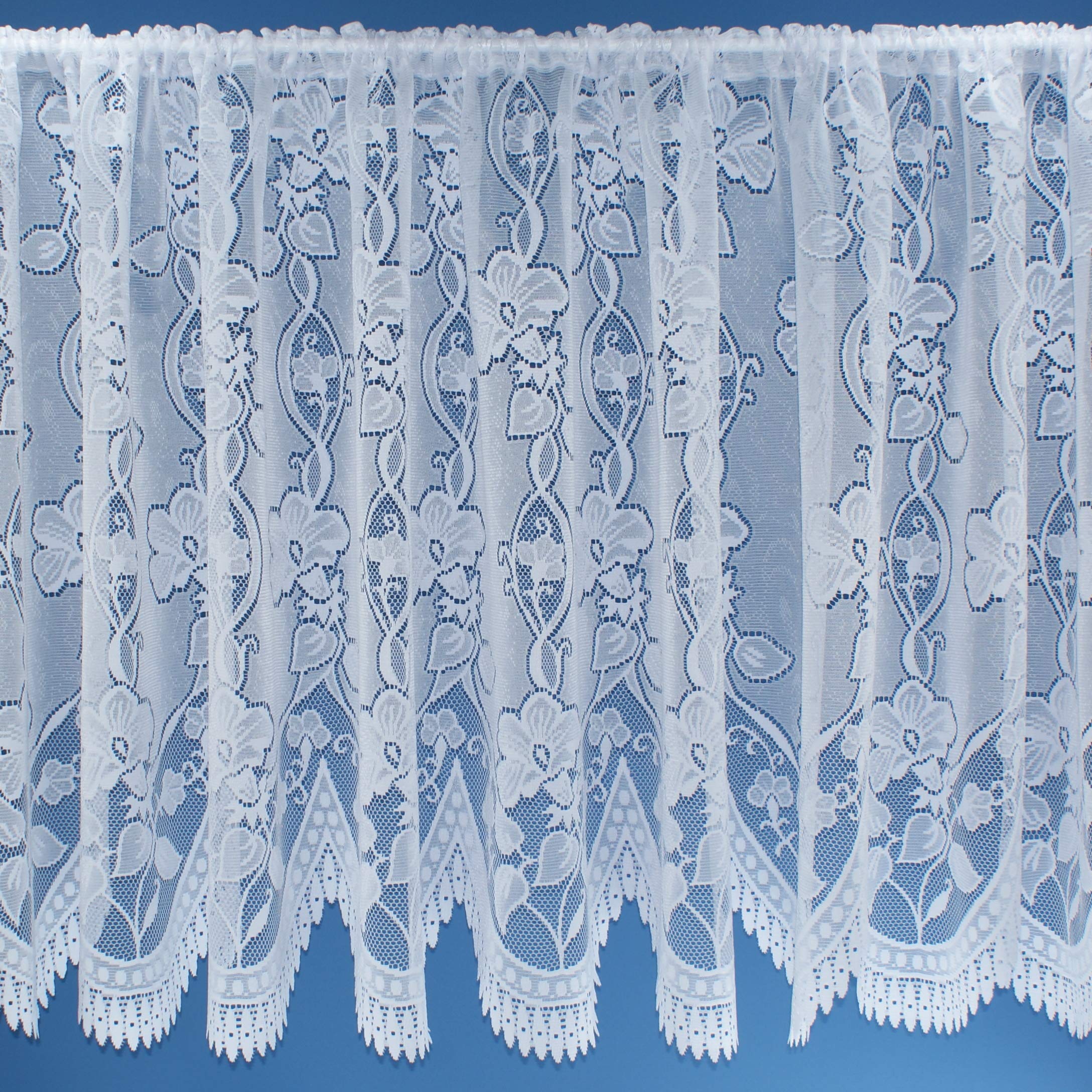 Andrea Floral Pattern Traditional Jacquard White Net Curtain With Scalloped Bottom. 60inch (152cm) drop. Sold by the metre by Kelly's Soft Furnishings