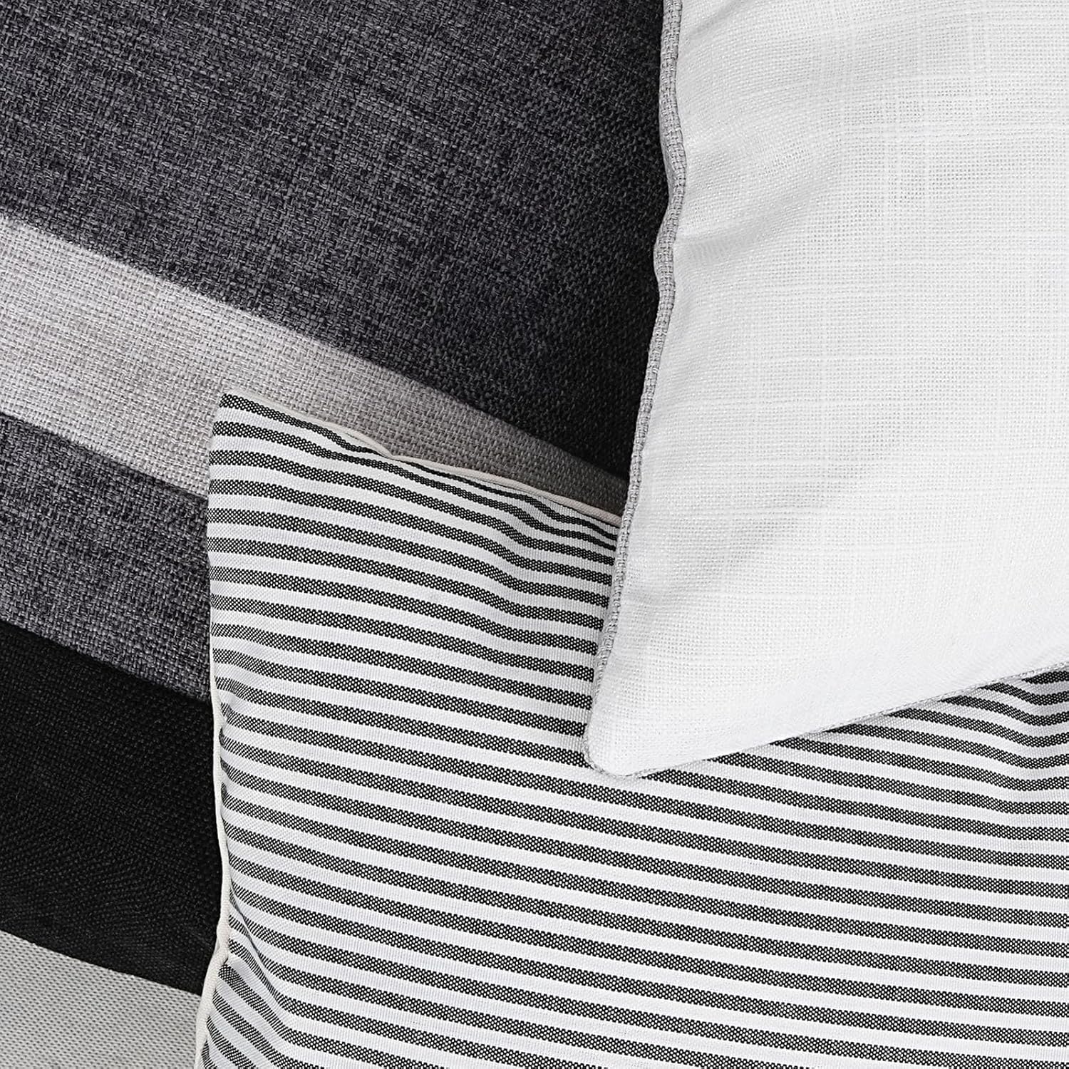 Adabana Set of 2 Linen Pillow Covers Decor Square Patchwork Throw Pillow Covers 18x18 Inch Farmhouse Cushion Covers Decorative Couch Bedroom Sofa Living Room,Black - Image 2