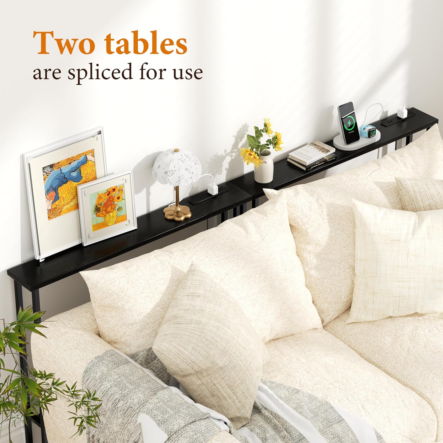 GRLEAF 39" Narrow Console Sofa Table with Built-in Power Strip (2 AC Outlets & 2 USB Ports) – 4.9ft Power Cord, Metal Frame, Easy Assembly, Ideal for Behind Couch, Hallway, and Home Office | Black