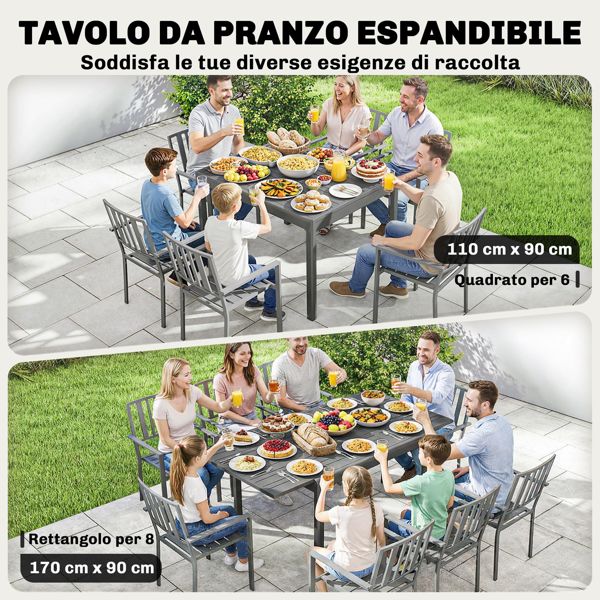 Outsunny Tavolo da Giardino Allungabile per 6-8 Persone Grigio Scuro | in Alluminio, Tavolo da Pranzo Estensibile Rettangolare 110-170 cm, Piano a Doghe, da Esterno, Patio Terrazzo Balcone