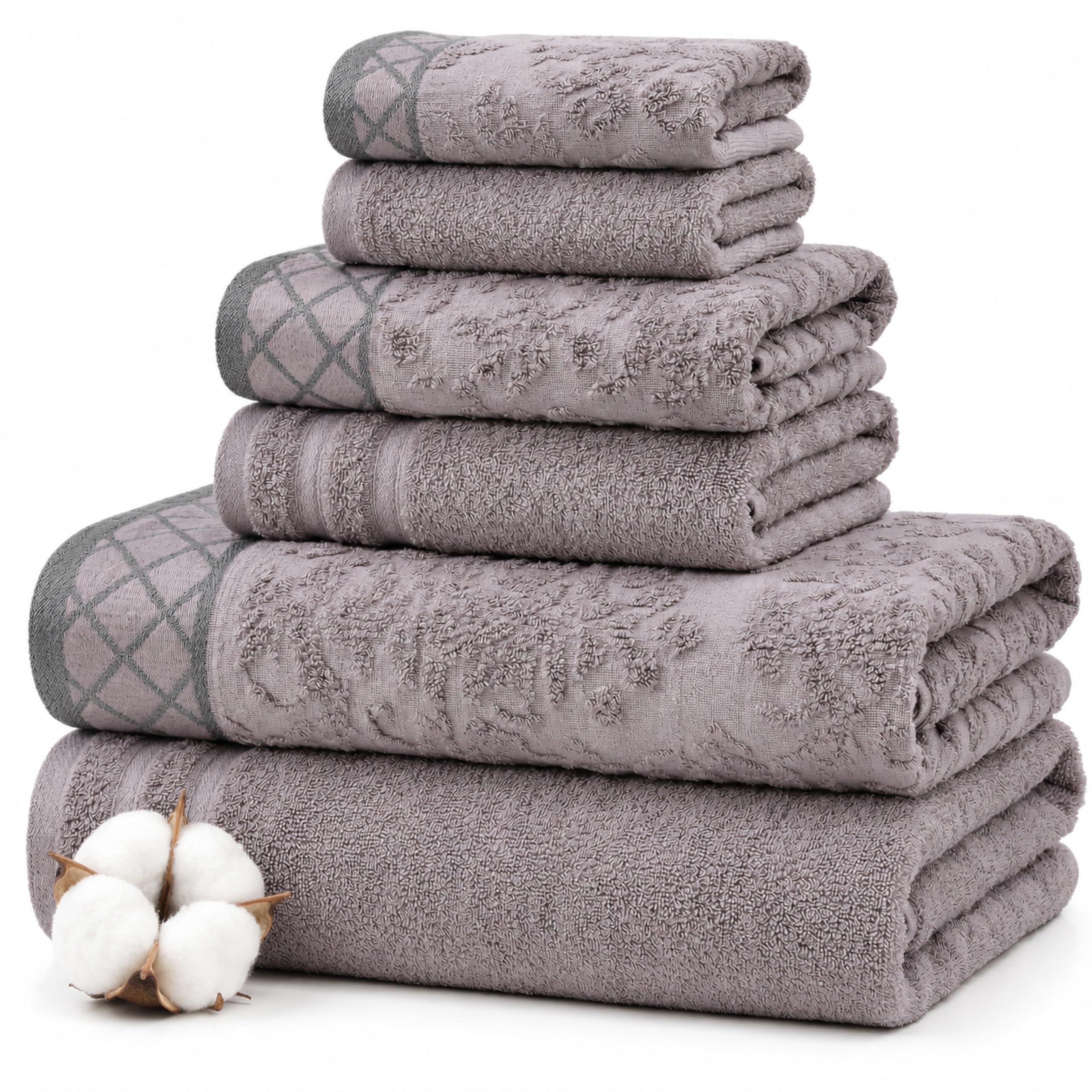 Amrapur Pacific Coast Textiles Damask Jacquard Towels with Embellished Border Set, Cotton, Grey, Single Size, 6-Piece